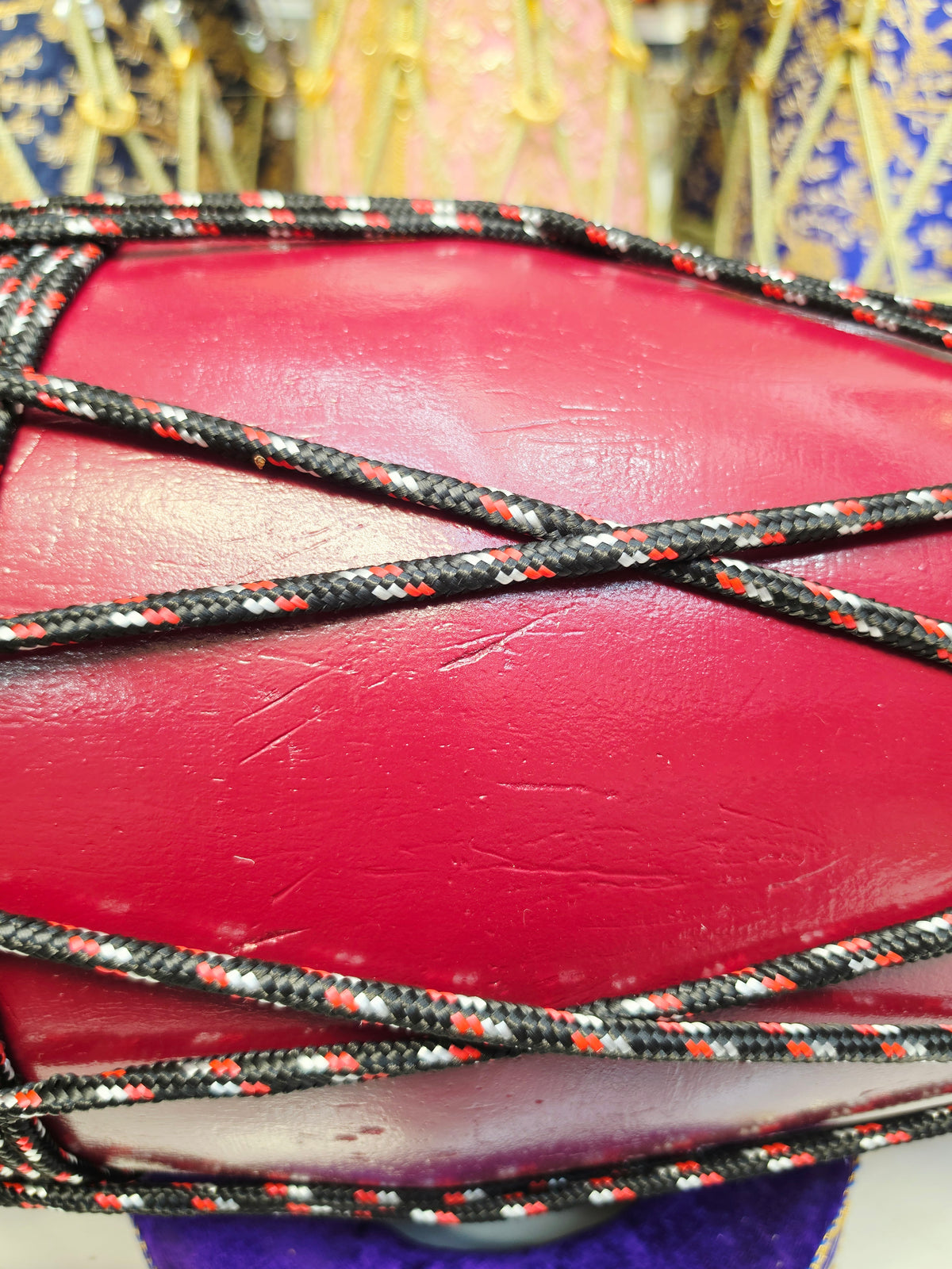 Rangmahal Royale | Burgundy Painted 13.8lbs 22" Refurbished West Indian Bolted Dholak *Minor Cosmetic Blemishes