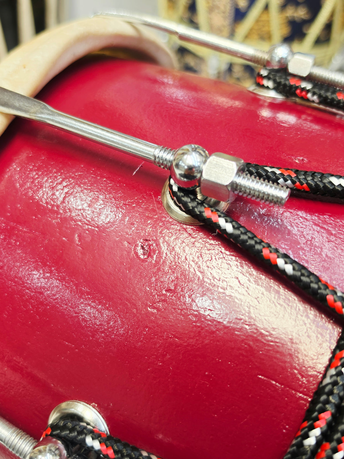 Rangmahal Royale | Burgundy Painted 13.8lbs 22" Refurbished West Indian Bolted Dholak *Minor Cosmetic Blemishes