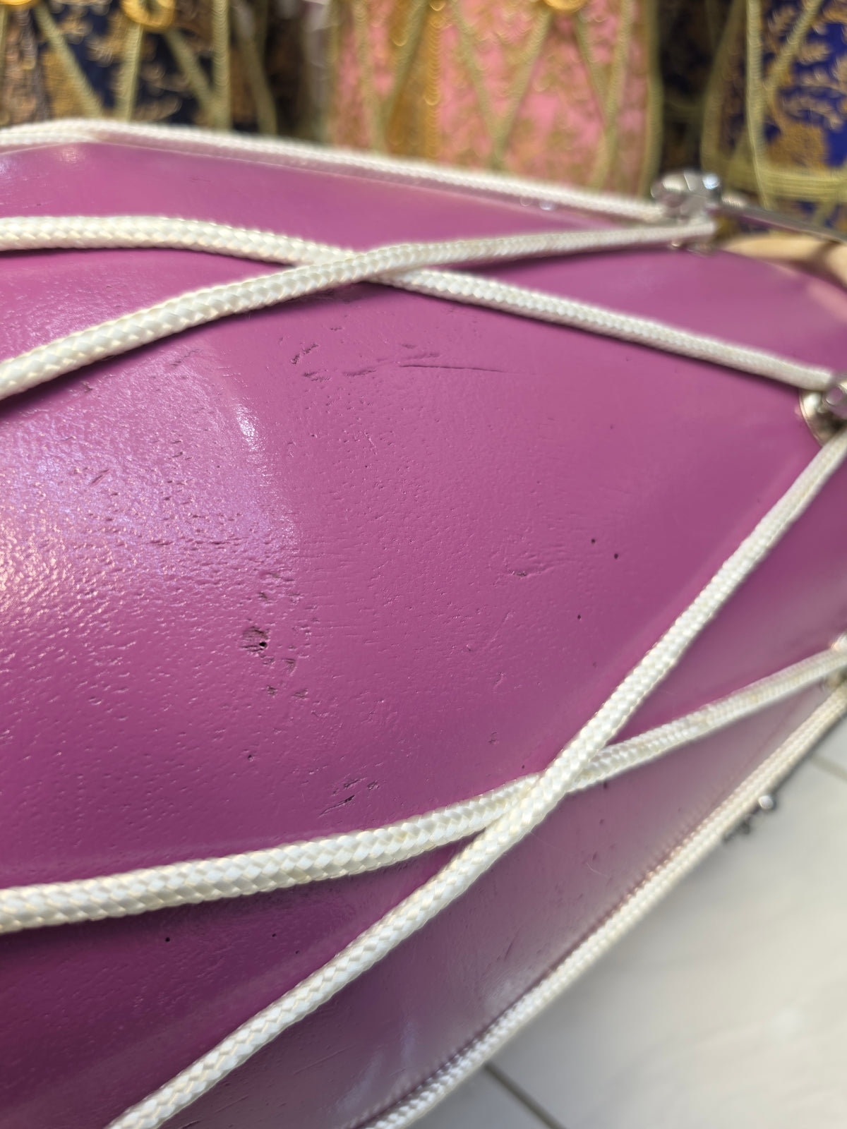 Lavanya Melody | 22" 16lbs Lavender Painted Refurbished West Indian Bolted Dholak *Minor Cosmetic Blemishes