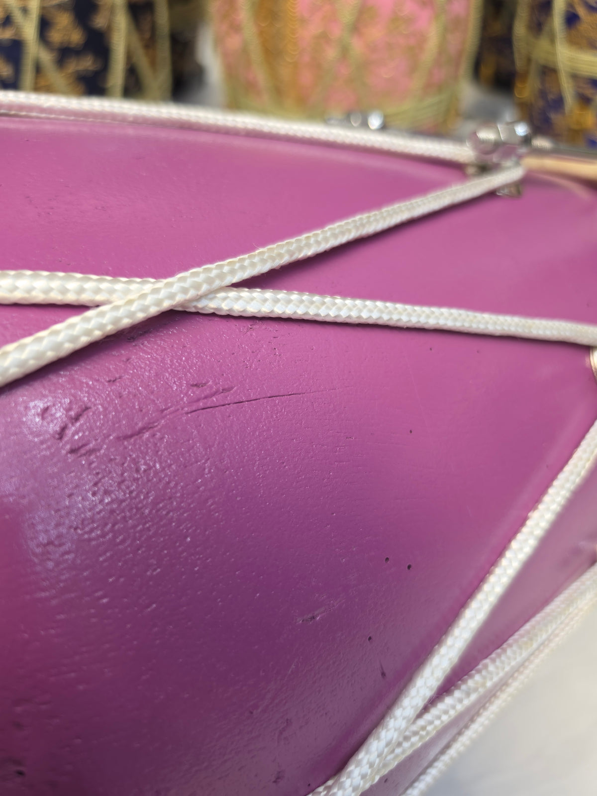 Lavanya Melody | 22" 16lbs Lavender Painted Refurbished West Indian Bolted Dholak *Minor Cosmetic Blemishes