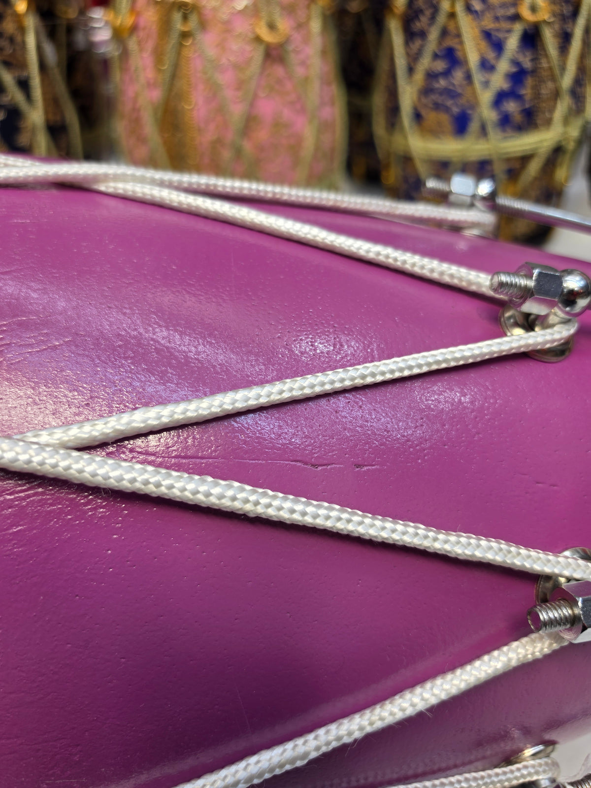 Lavanya Melody | 22" 16lbs Lavender Painted Refurbished West Indian Bolted Dholak *Minor Cosmetic Blemishes