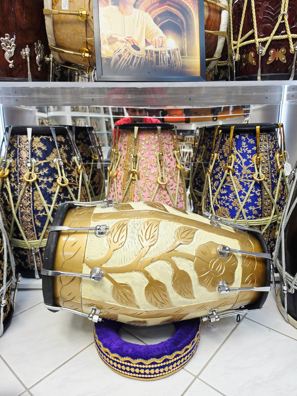 Gulzar Royale | Gold & Cream Floral Painted 15.8 Red Sheesham Dholak with Black Skins & Chrome Bolts *Minor Cosmetic Blemishes + Exceptional Tone