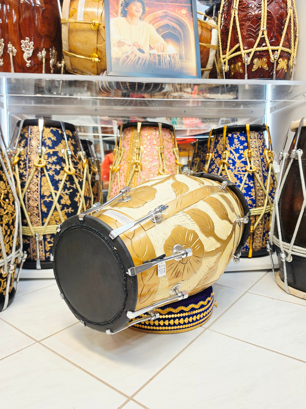 Gulzar Royale | Gold & Cream Floral Painted 15.8 Red Sheesham Dholak with Black Skins & Chrome Bolts *Minor Cosmetic Blemishes + Exceptional Tone