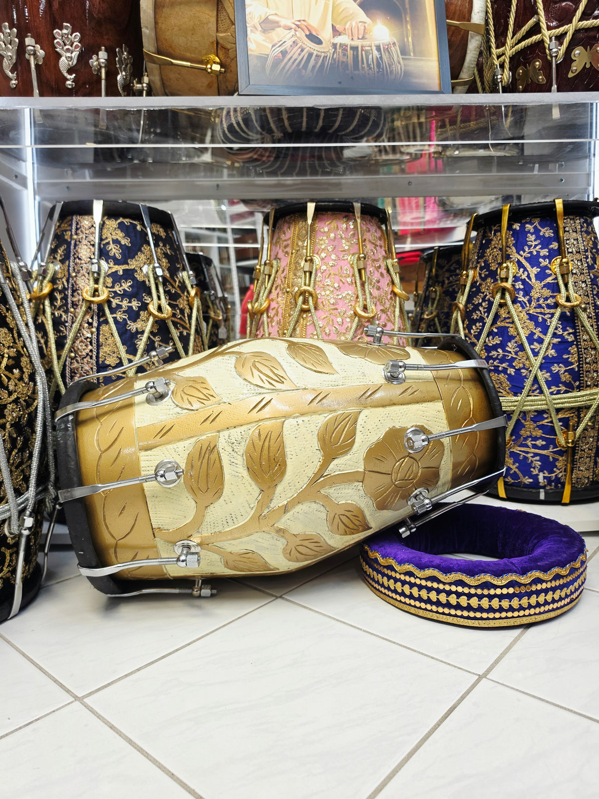 Gulzar Royale | Gold & Cream Floral Painted 15.8 Red Sheesham Dholak with Black Skins & Chrome Bolts *Minor Cosmetic Blemishes + Exceptional Tone