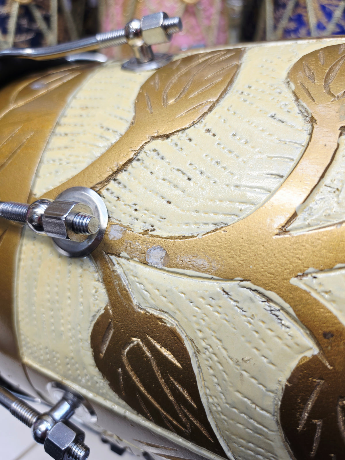 Gulzar Royale | Gold & Cream Floral Painted 15.8 Red Sheesham Dholak with Black Skins & Chrome Bolts *Minor Cosmetic Blemishes + Exceptional Tone
