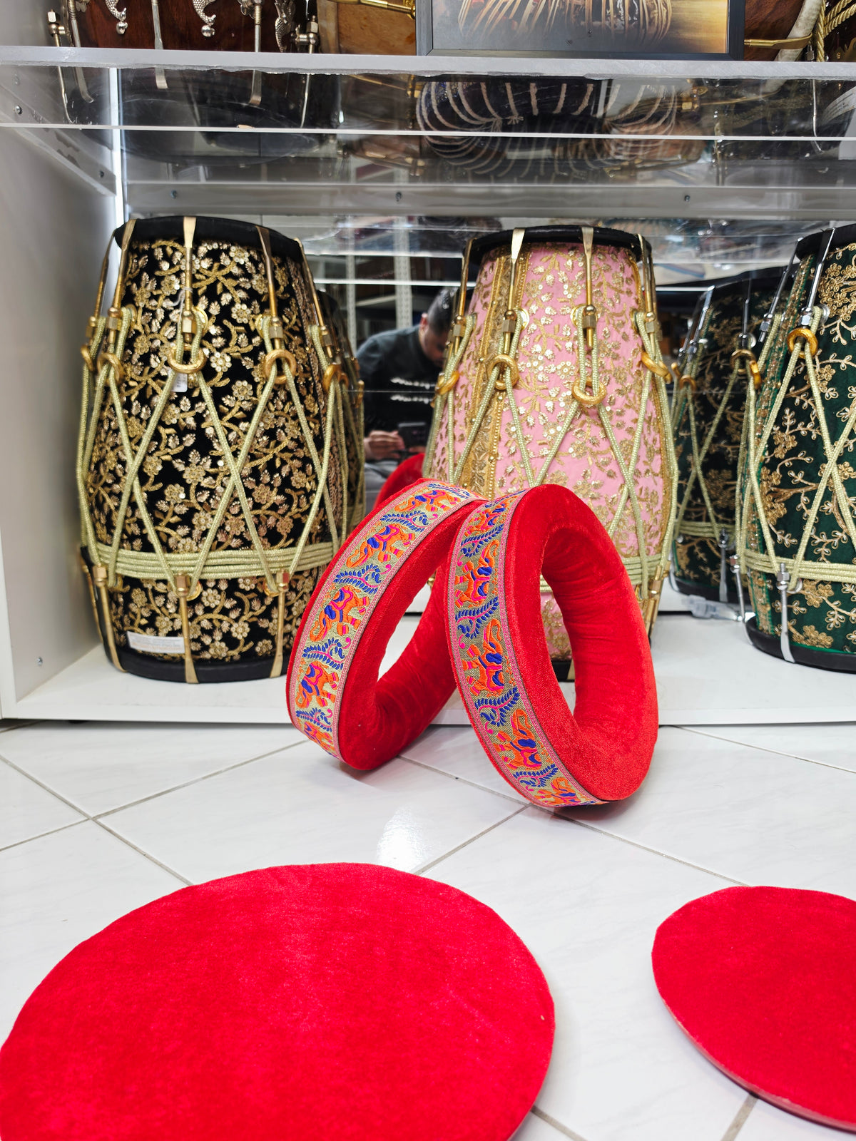 Rangoli Royale | Premium Red Velvet Tabla Rings Set with Multicolor Woven Trim