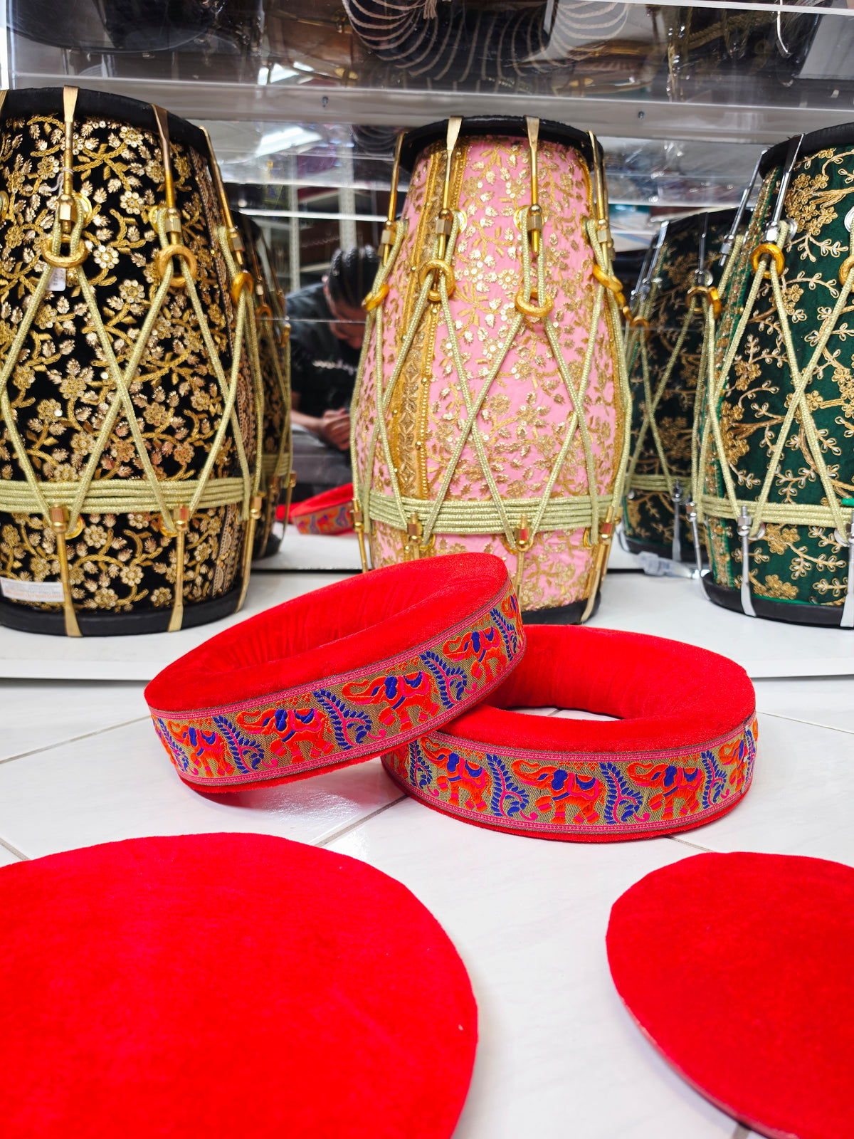Rangoli Royale | Premium Red Velvet Tabla Rings Set with Multicolor Woven Trim