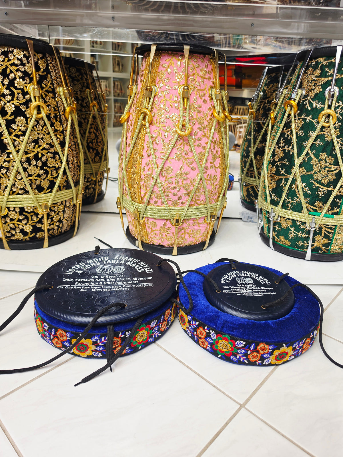Mehfil Blossom | Premium Royal Blue Velvet Tabla Rings Set with Floral Embroidered Trim & Black Velvet Pads