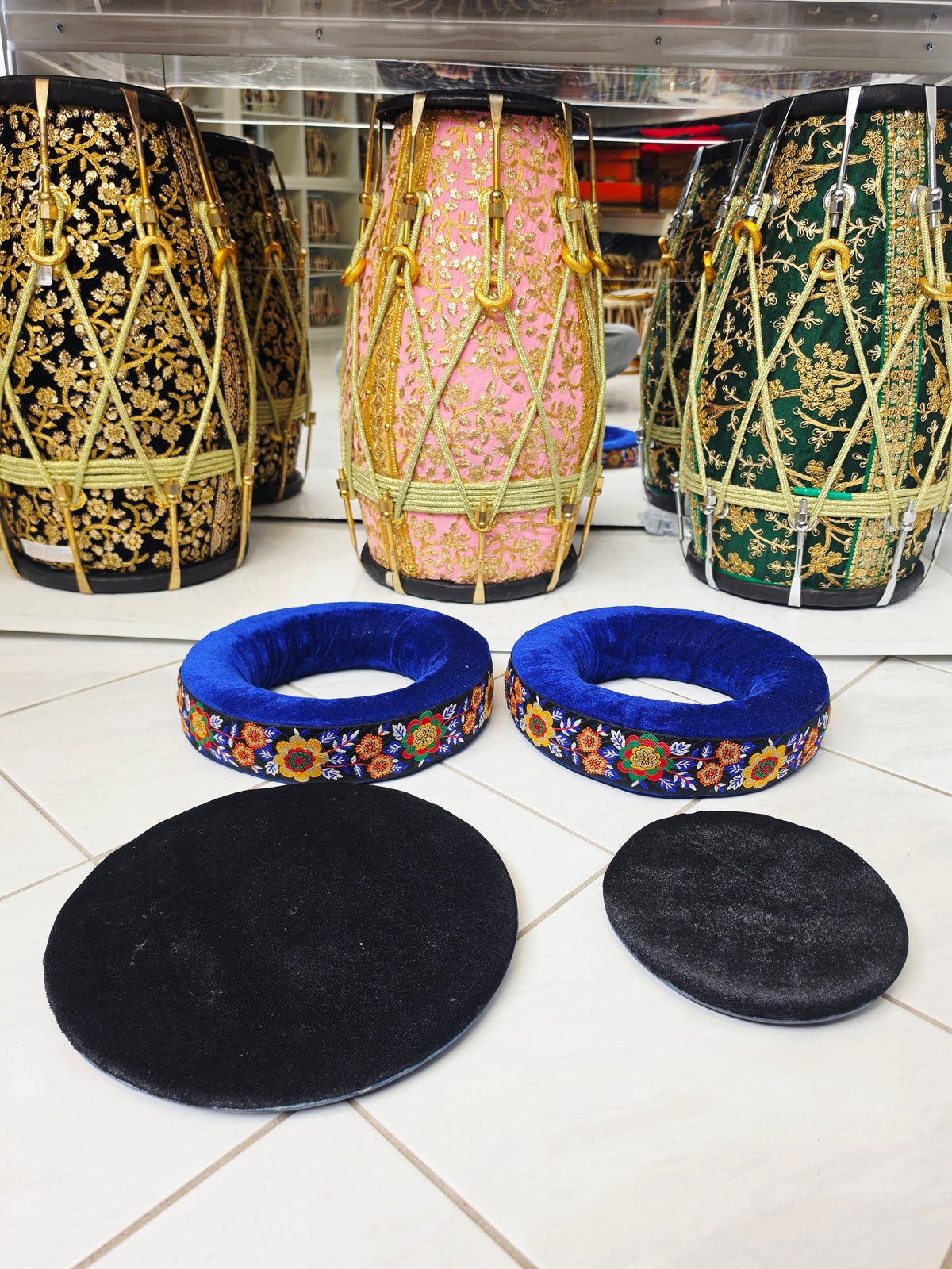 Mehfil Blossom | Premium Royal Blue Velvet Tabla Rings Set with Floral Embroidered Trim & Black Velvet Pads