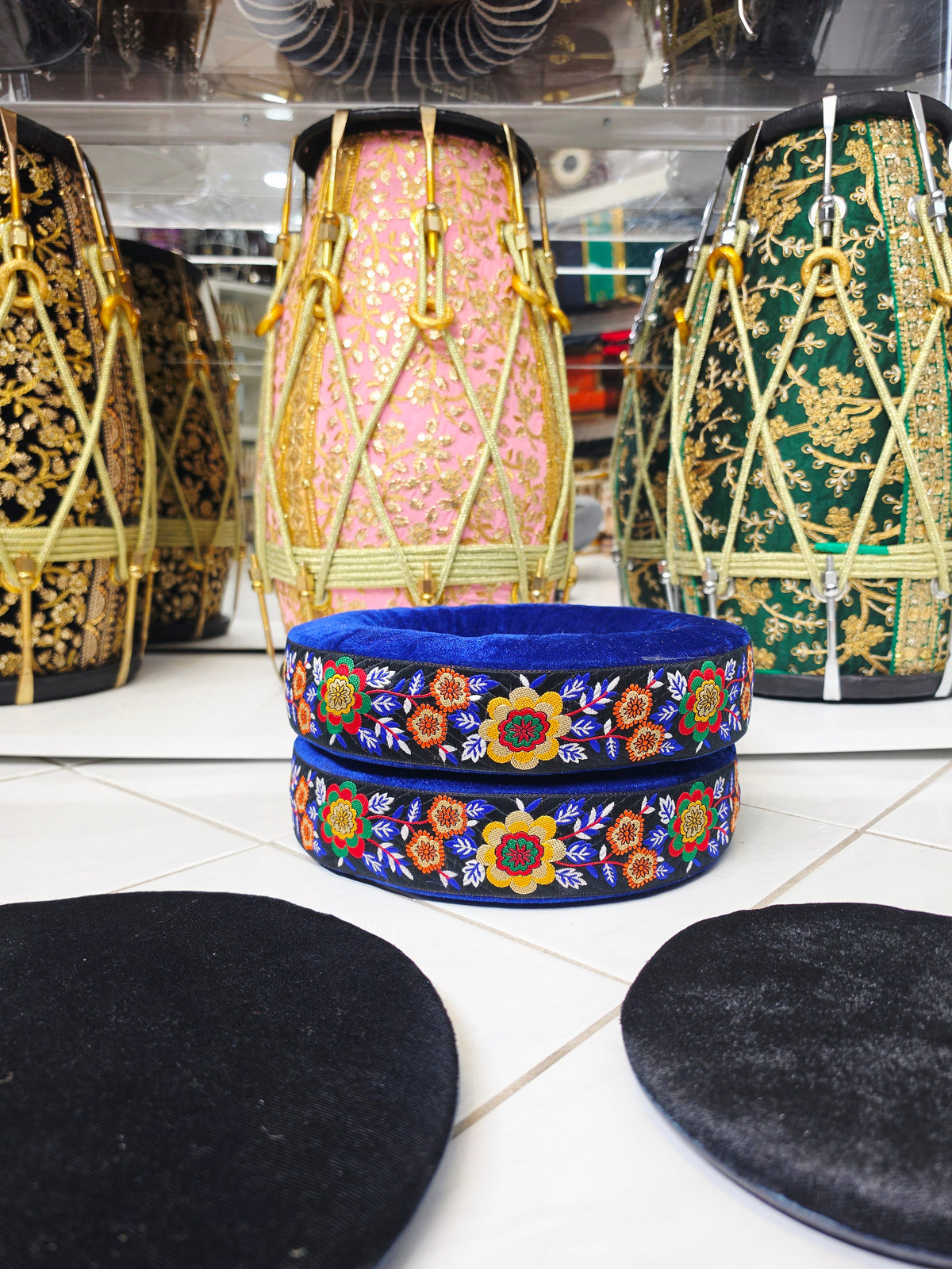 Mehfil Blossom | Premium Royal Blue Velvet Tabla Rings Set with Floral Embroidered Trim & Black Velvet Pads