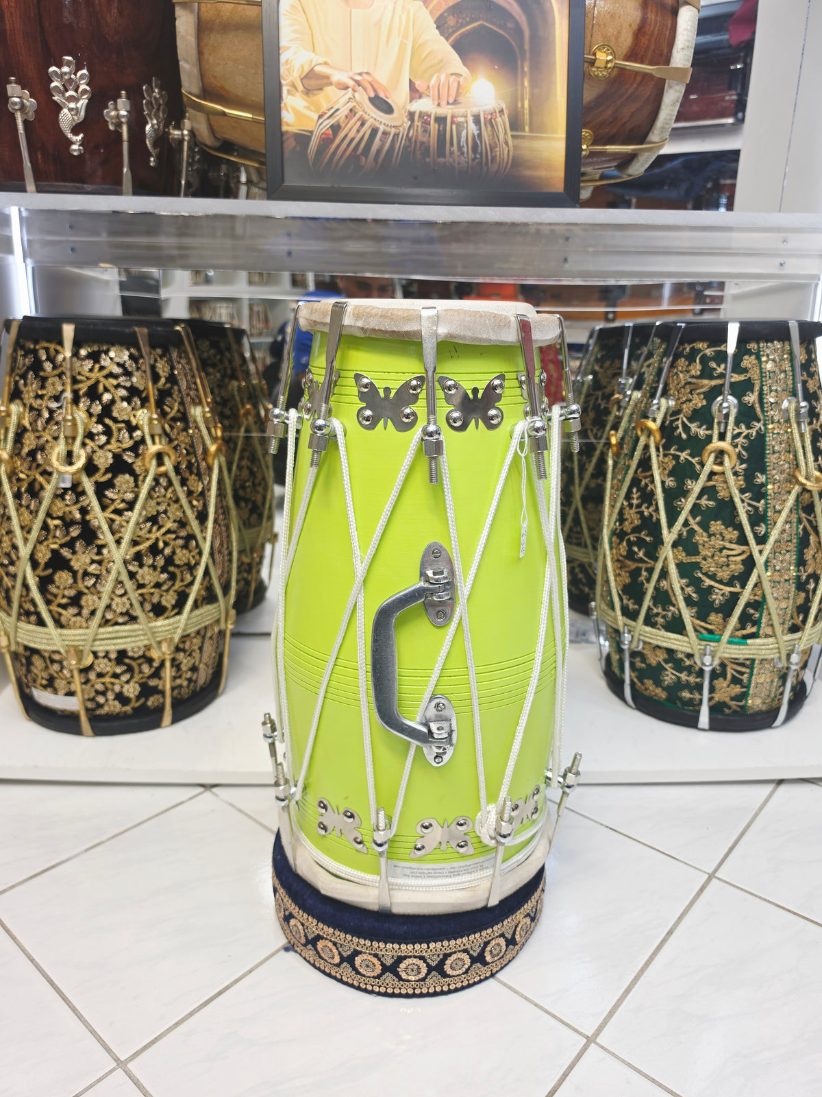 Lime Inferno | Premium Painted Red Sheesham Dholak with Carry Handle * Minor Cosmetic Blemishes