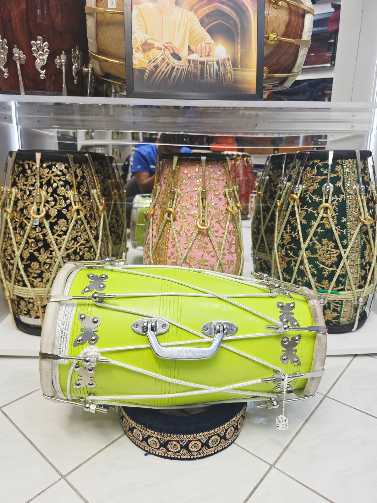 Lime Inferno | Premium Painted Red Sheesham Dholak with Carry Handle * Minor Cosmetic Blemishes