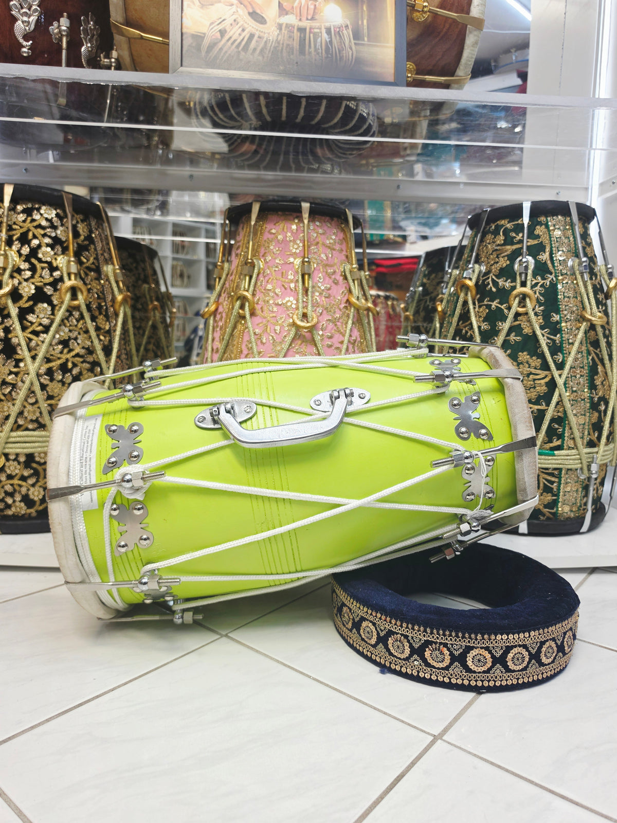 Lime Inferno | Premium Painted Red Sheesham Dholak with Carry Handle * Minor Cosmetic Blemishes