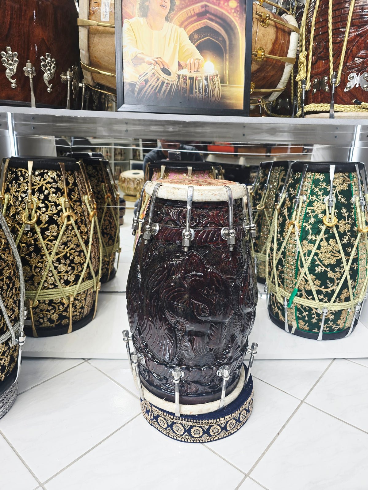 Rajshree Heritage Black Sheesham Dholak by Maa Ambika | Intricately Hand Carved Glossy Shell with Green Undercoating with Mehendi Designed Skins