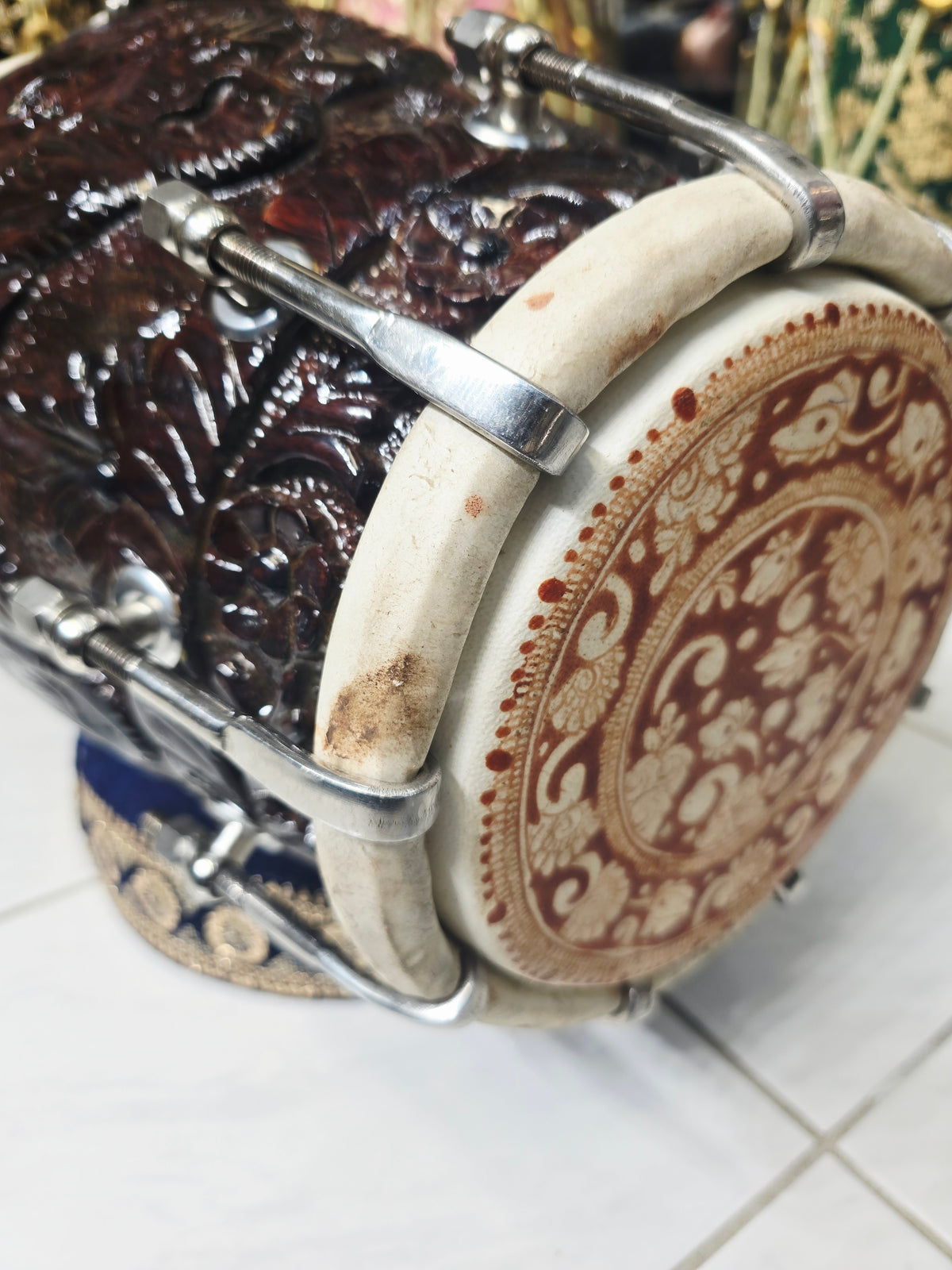 Rajshree Heritage Black Sheesham Dholak by Maa Ambika | Intricately Hand Carved Glossy Shell with Green Undercoating with Mehendi Designed Skins