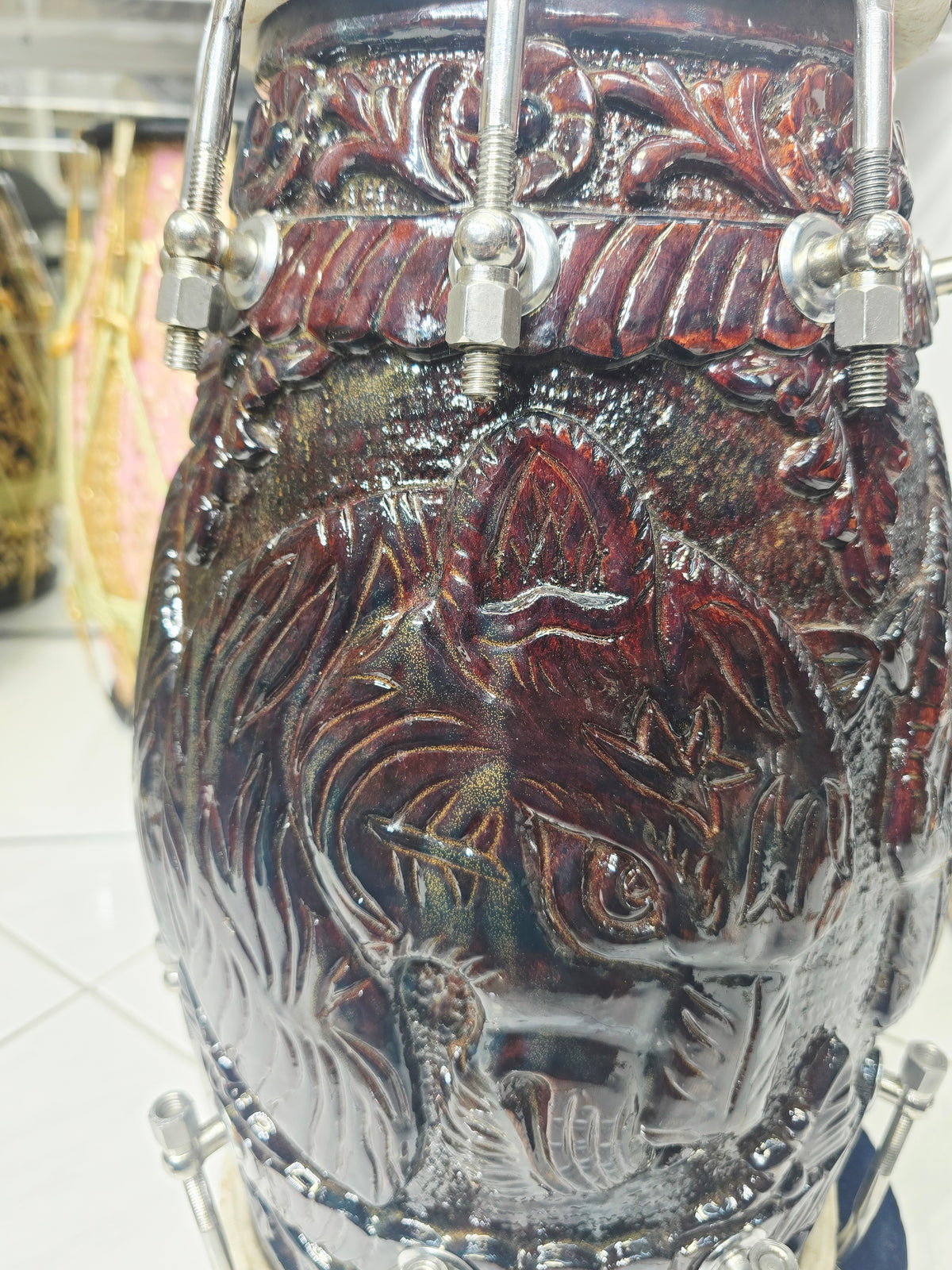 Rajshree Heritage Black Sheesham Dholak by Maa Ambika | Intricately Hand Carved Glossy Shell with Green Undercoating with Mehendi Designed Skins