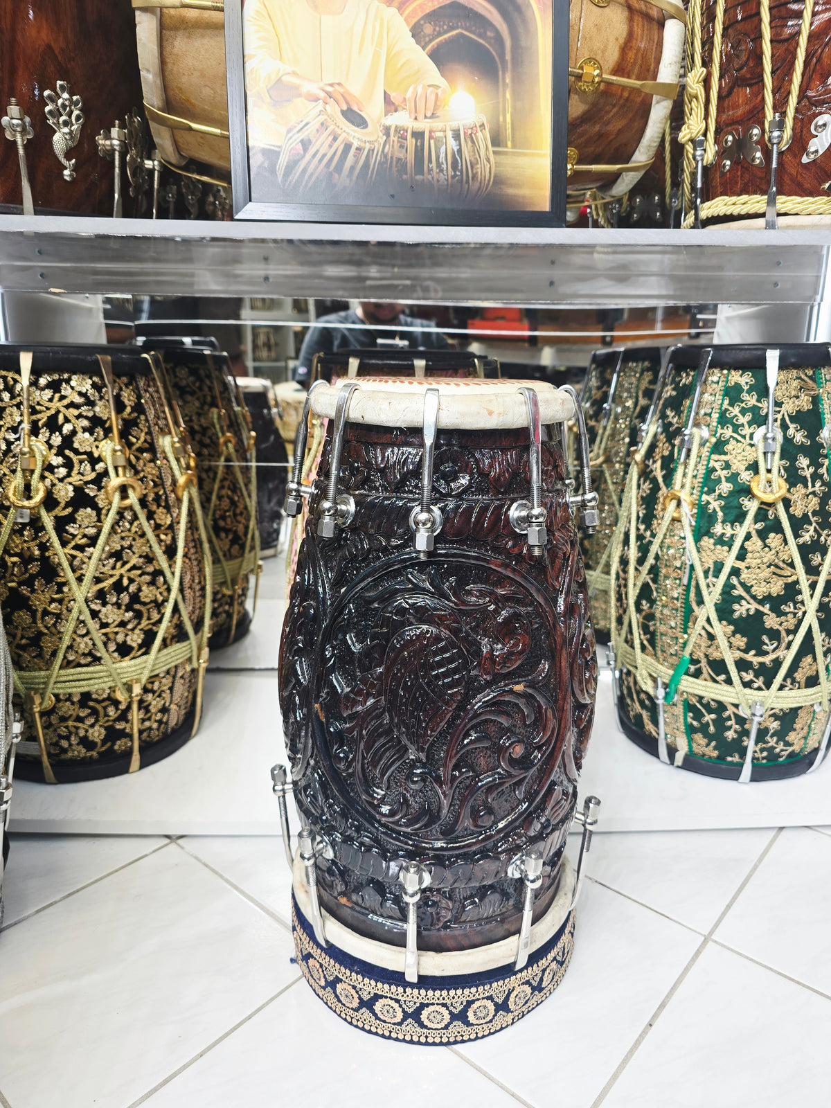 Mahakaal Heritage Black Sheesham Dholak by Maa Ambika | Intricately Hand Carved Shell with Green Undercoating and Traditional Floral Bass Skin