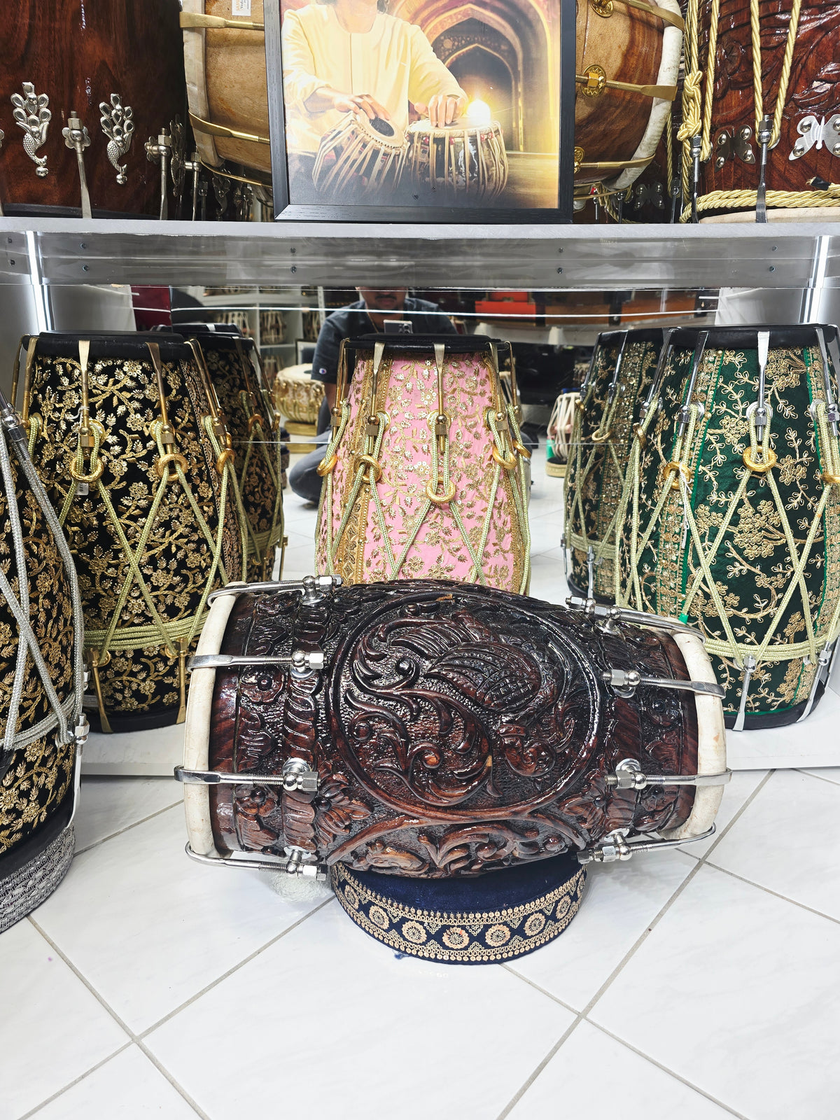 Mahakaal Heritage Black Sheesham Dholak by Maa Ambika | Intricately Hand Carved Shell with Green Undercoating and Traditional Floral Bass Skin