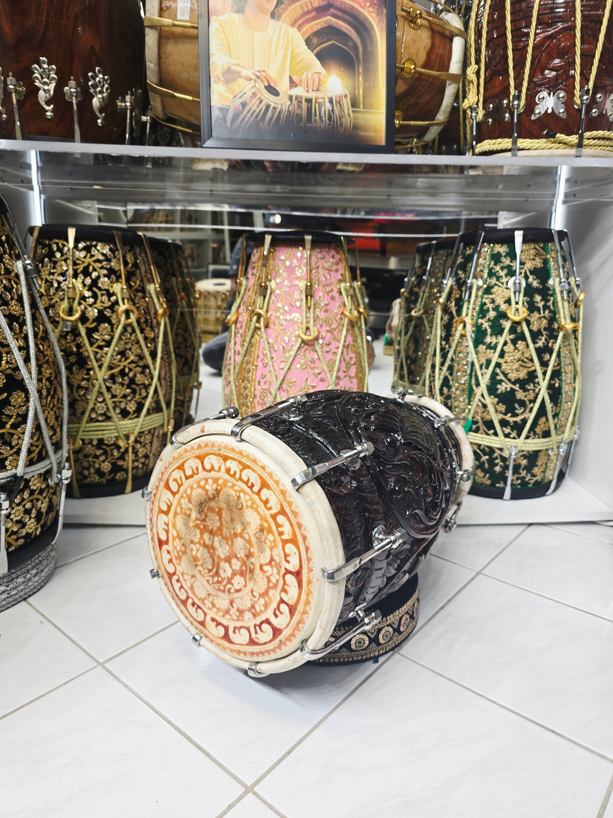 Mahakaal Heritage Black Sheesham Dholak by Maa Ambika | Intricately Hand Carved Shell with Green Undercoating and Traditional Floral Bass Skin
