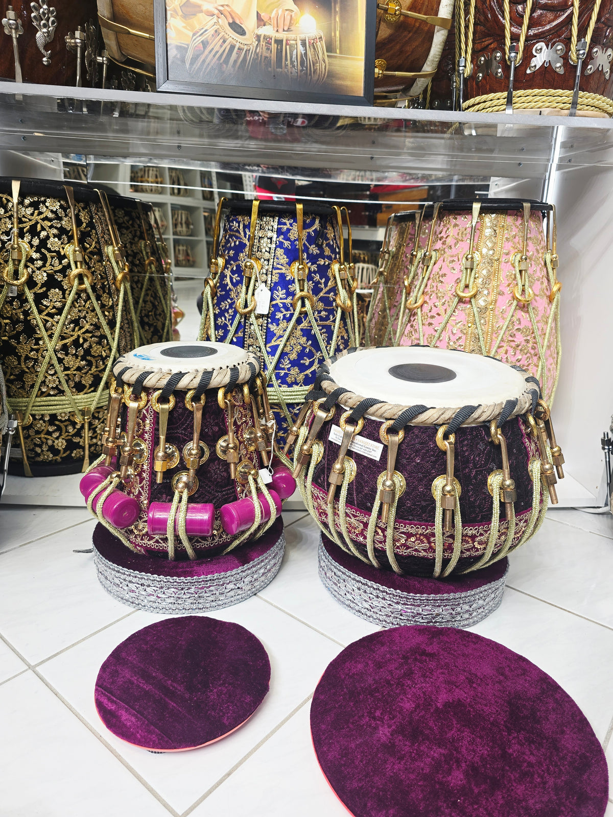 Rang Mahal Prestige 5.75" D#/E Red Sheesham Dayan & 9.25" Copper Bayan Purple Sherwani Bolted Tabla Set – Exceptional Tone