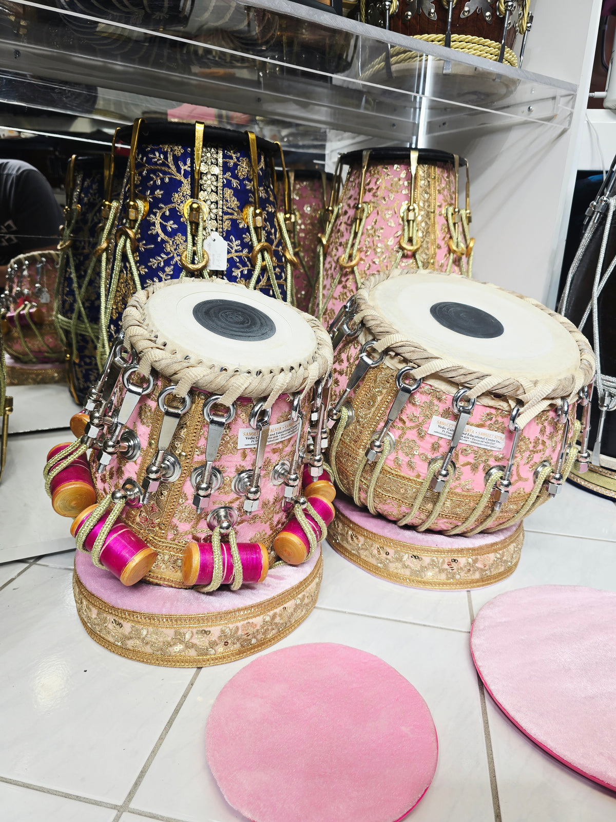 Gulabi Darbar Royale 6" C/C# Red Sheesham Dayan & 9.25" Copper Bayan Pink Sherwani Bolted Tabla Set – Exceptional Tone
