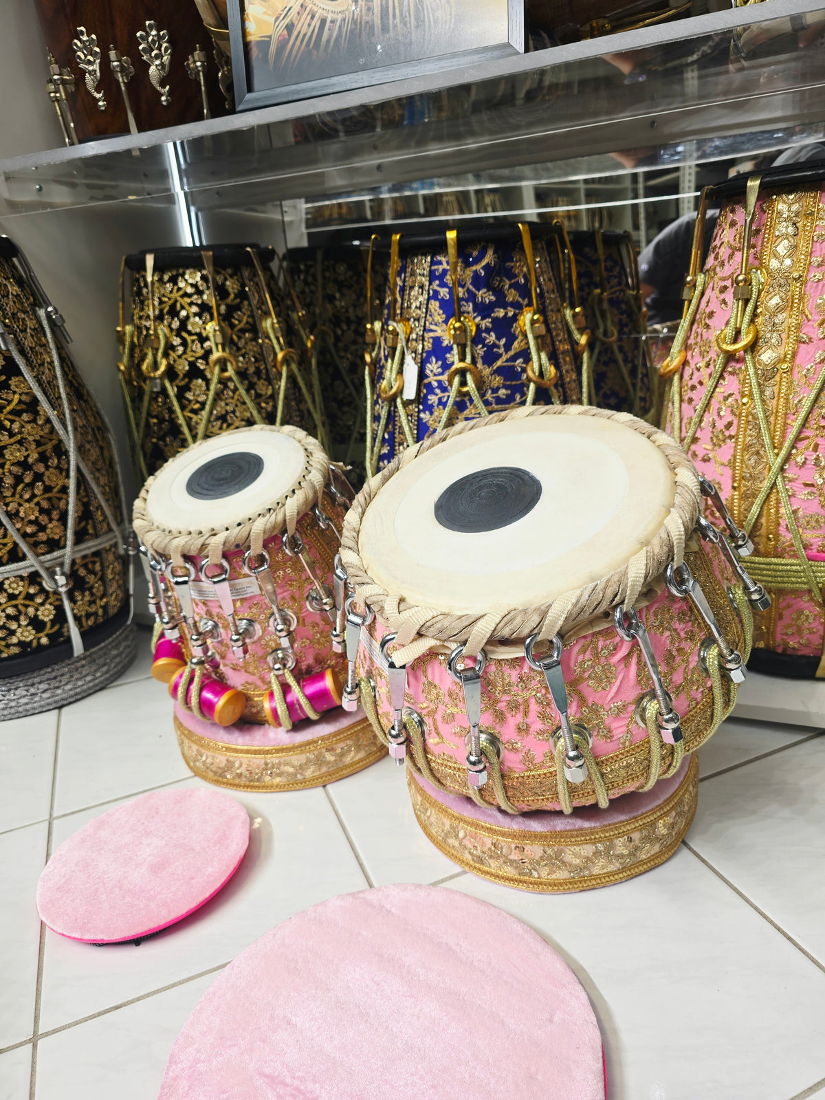 Gulabi Darbar Royale 6" C/C# Red Sheesham Dayan & 9.25" Copper Bayan Pink Sherwani Bolted Tabla Set – Exceptional Tone
