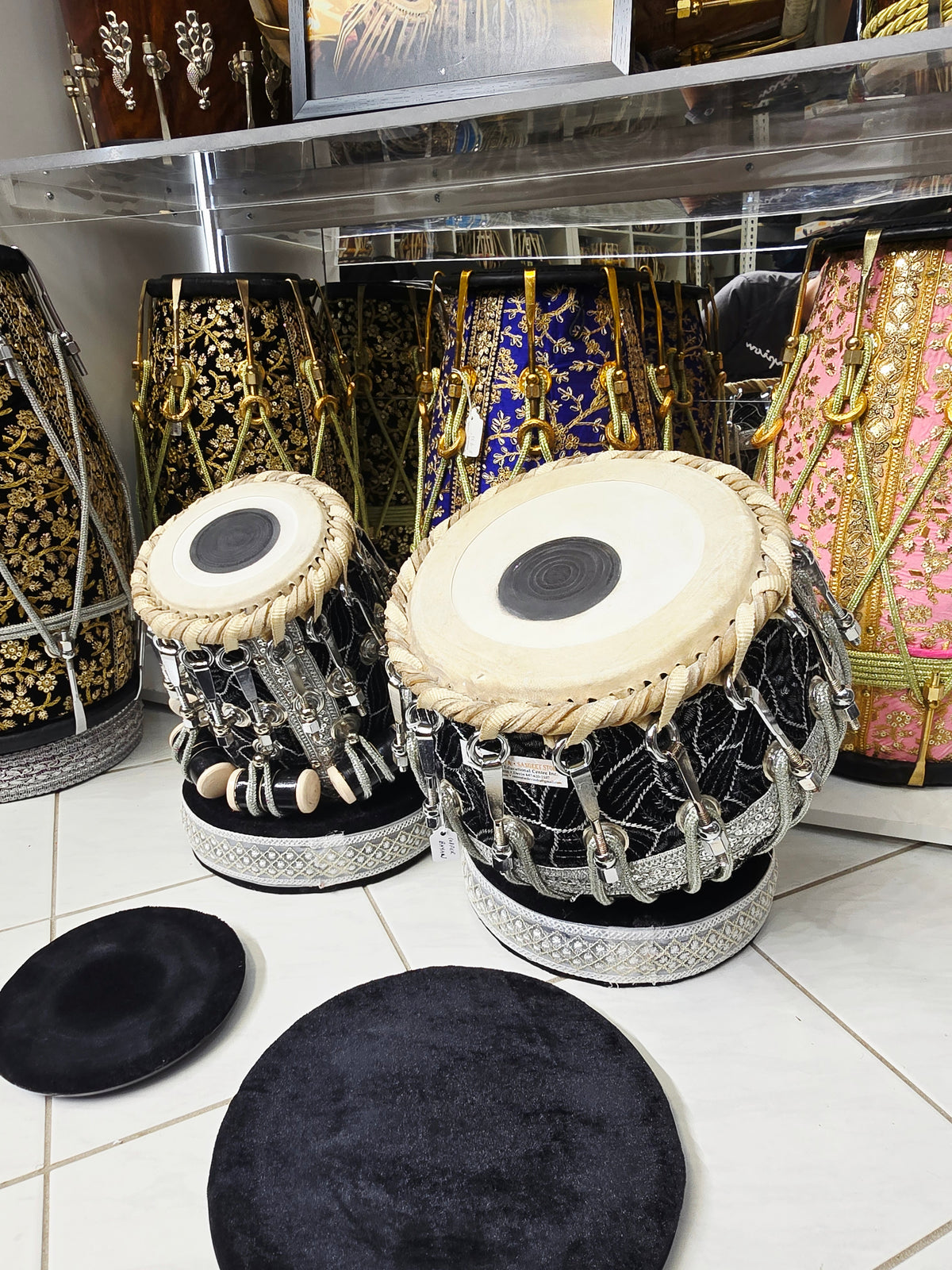 Midnight Darbar Sovereign: 5.75" C# Red Sheesham Dayan & 9.25" Copper Bayan Black & Silver Sherwani Bolted Tabla Set – Exceptional Tone Bayan