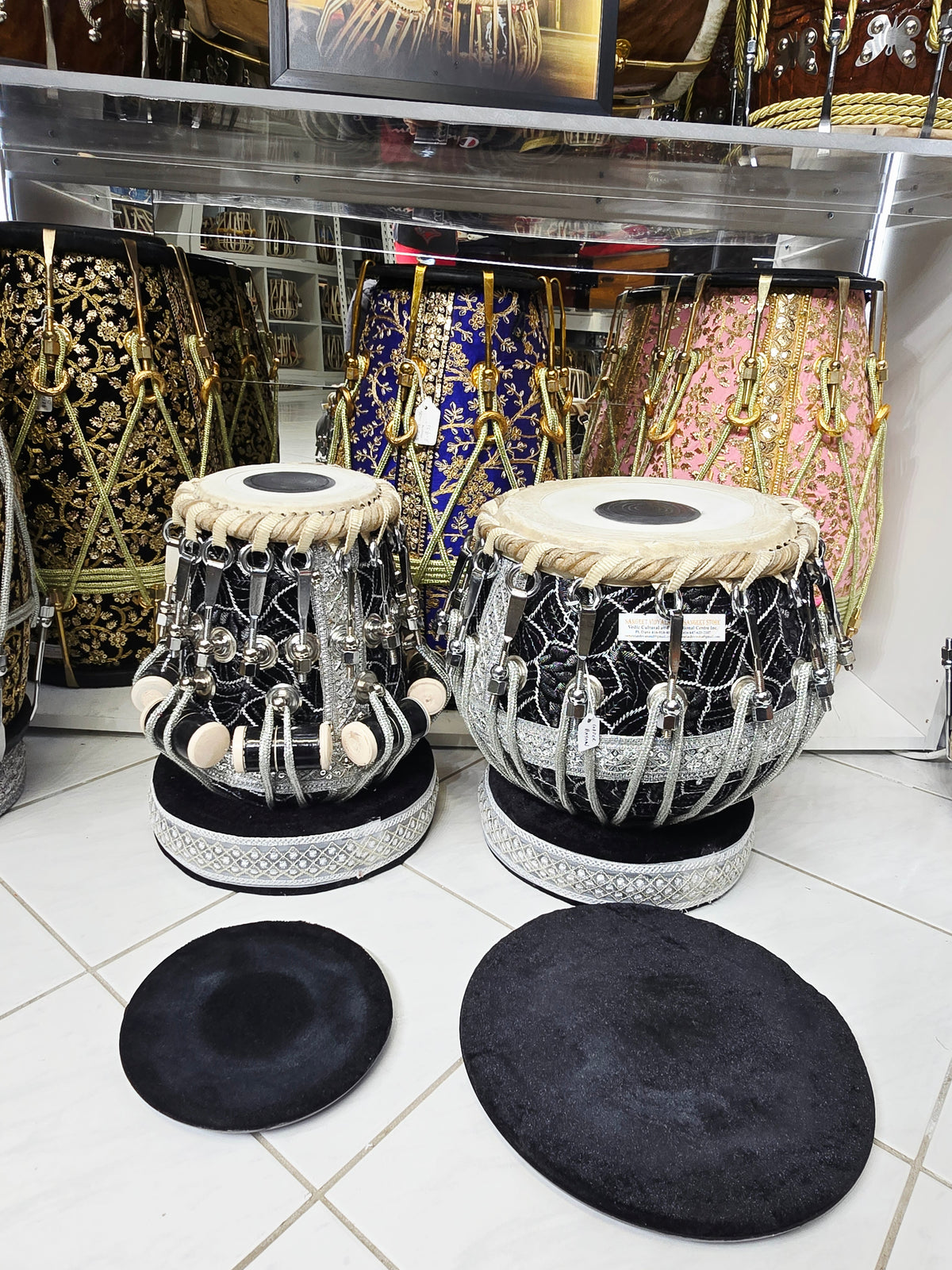 Midnight Darbar Sovereign: 5.75" C# Red Sheesham Dayan & 9.25" Copper Bayan Black & Silver Sherwani Bolted Tabla Set – Exceptional Tone Bayan