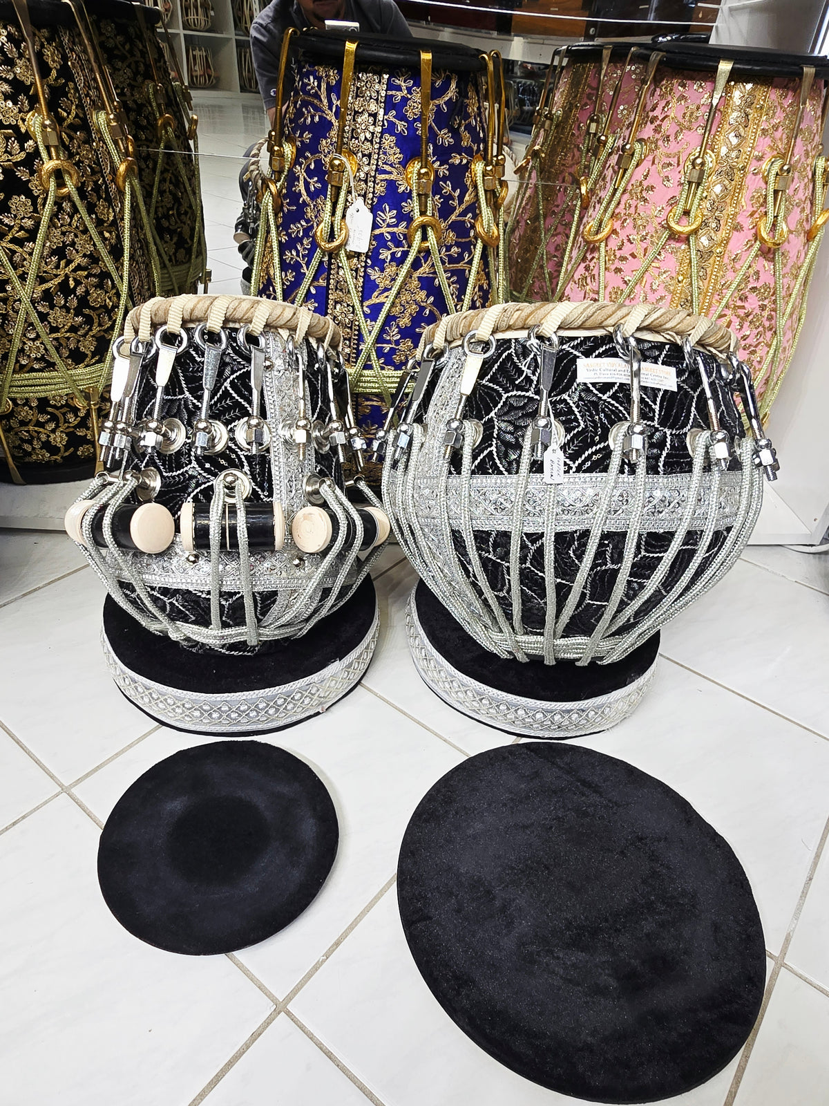 Midnight Darbar Sovereign: 5.75" C# Red Sheesham Dayan & 9.25" Copper Bayan Black & Silver Sherwani Bolted Tabla Set – Exceptional Tone Bayan