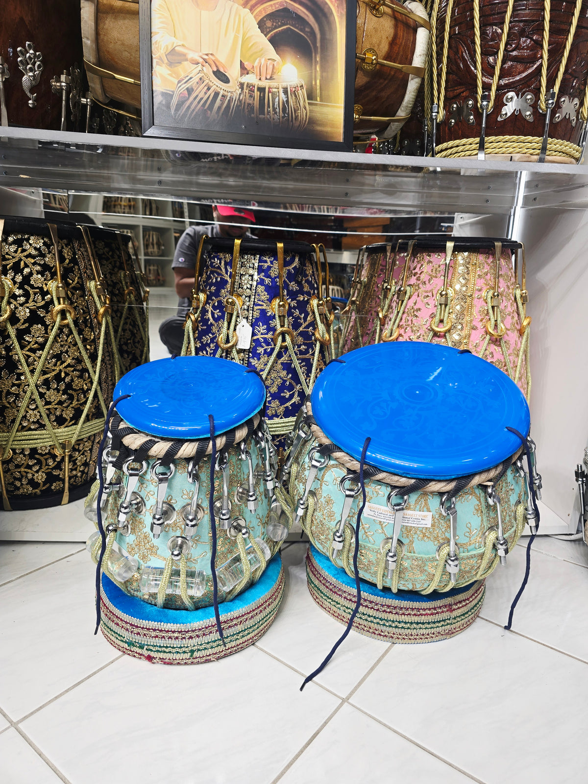 Indraneel Imperial 5⅝" D#/E Red Sheesham Dayan & 9.25" Copper Bayan Teal Sherwani Bolted Tabla Set – Exceptional Studio Recording Tone