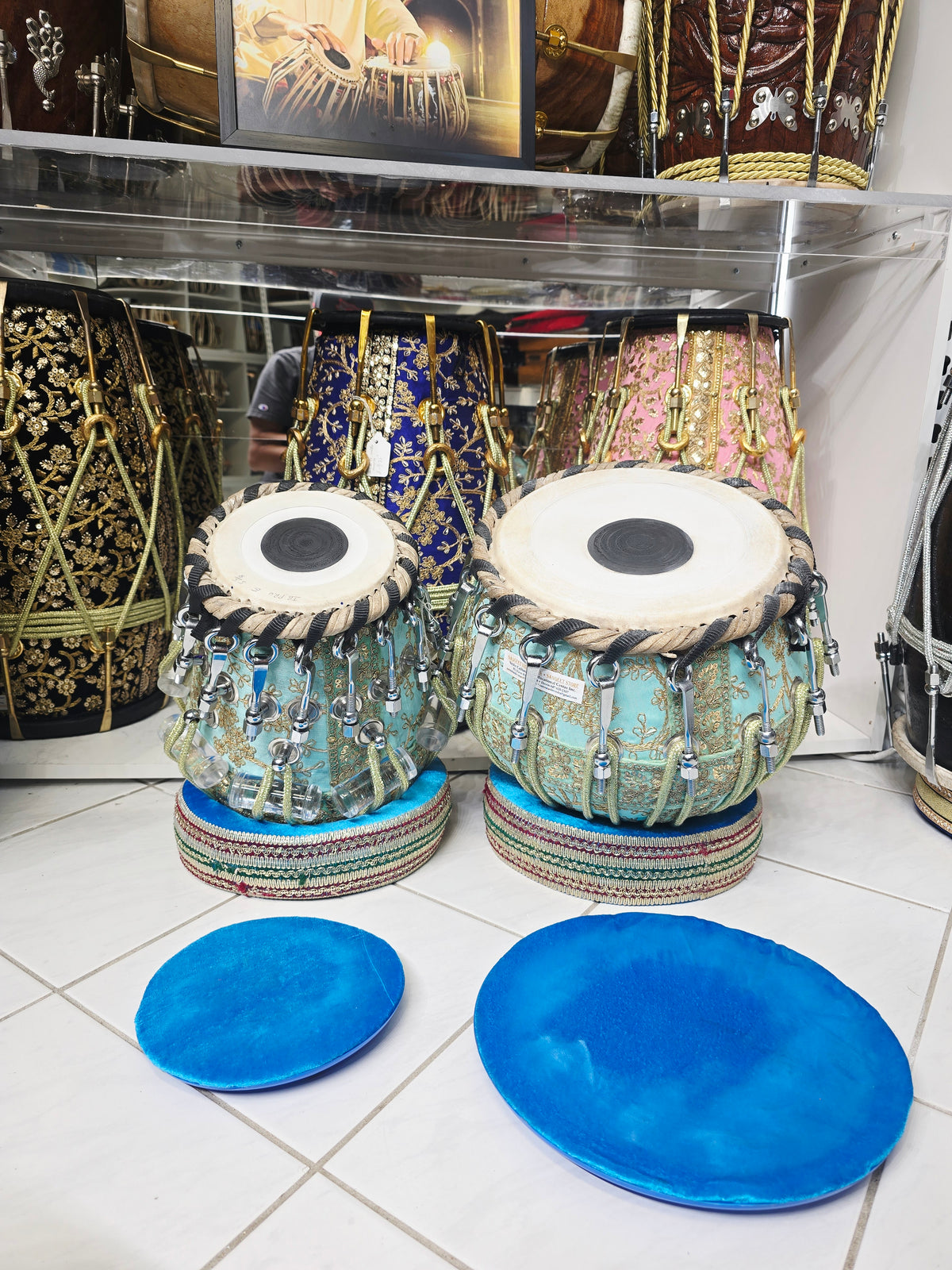 Indraneel Imperial 5⅝" D#/E Red Sheesham Dayan & 9.25" Copper Bayan Teal Sherwani Bolted Tabla Set – Exceptional Studio Recording Tone