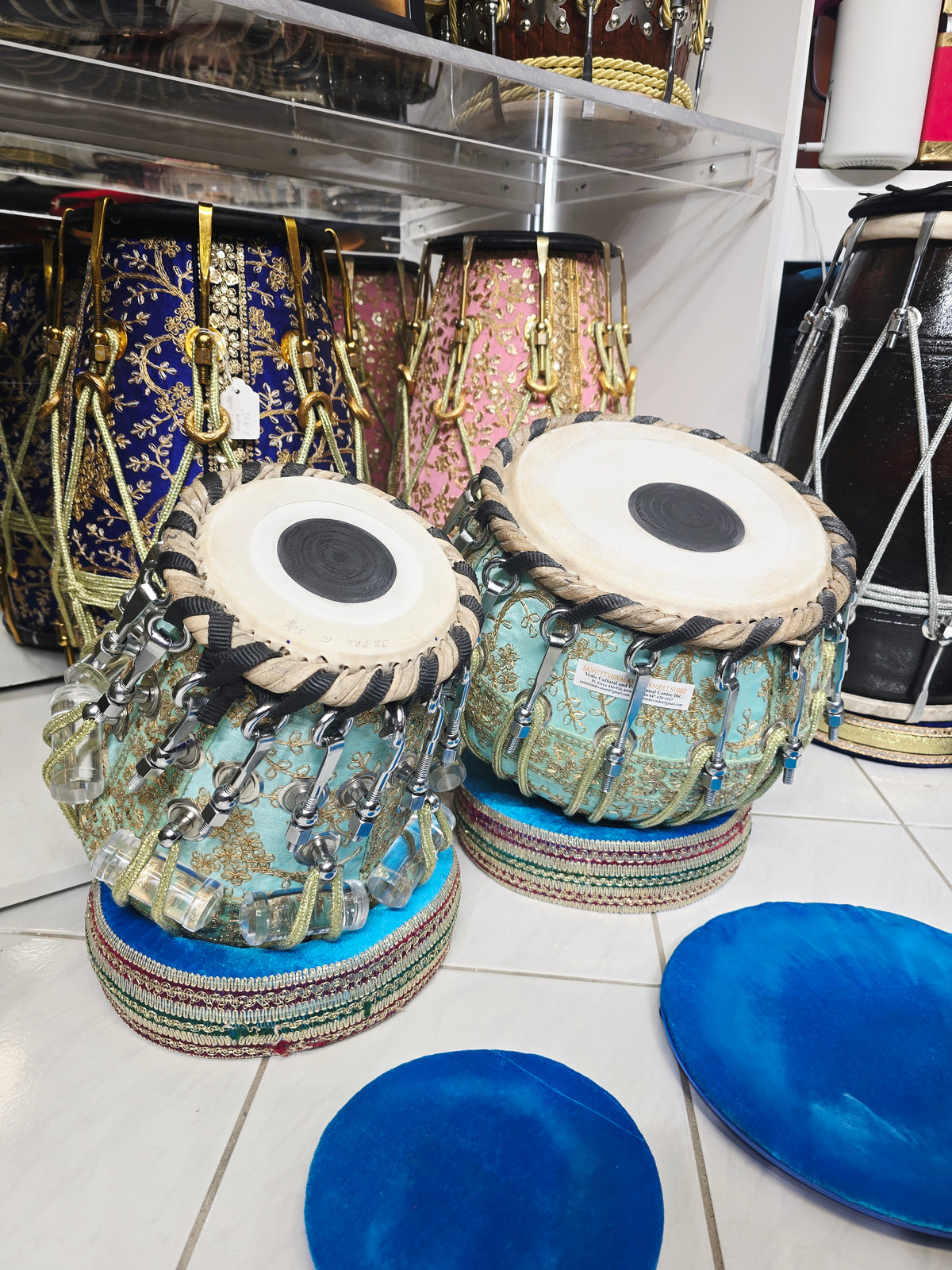 Indraneel Imperial 5⅝" D#/E Red Sheesham Dayan & 9.25" Copper Bayan Teal Sherwani Bolted Tabla Set – Exceptional Studio Recording Tone