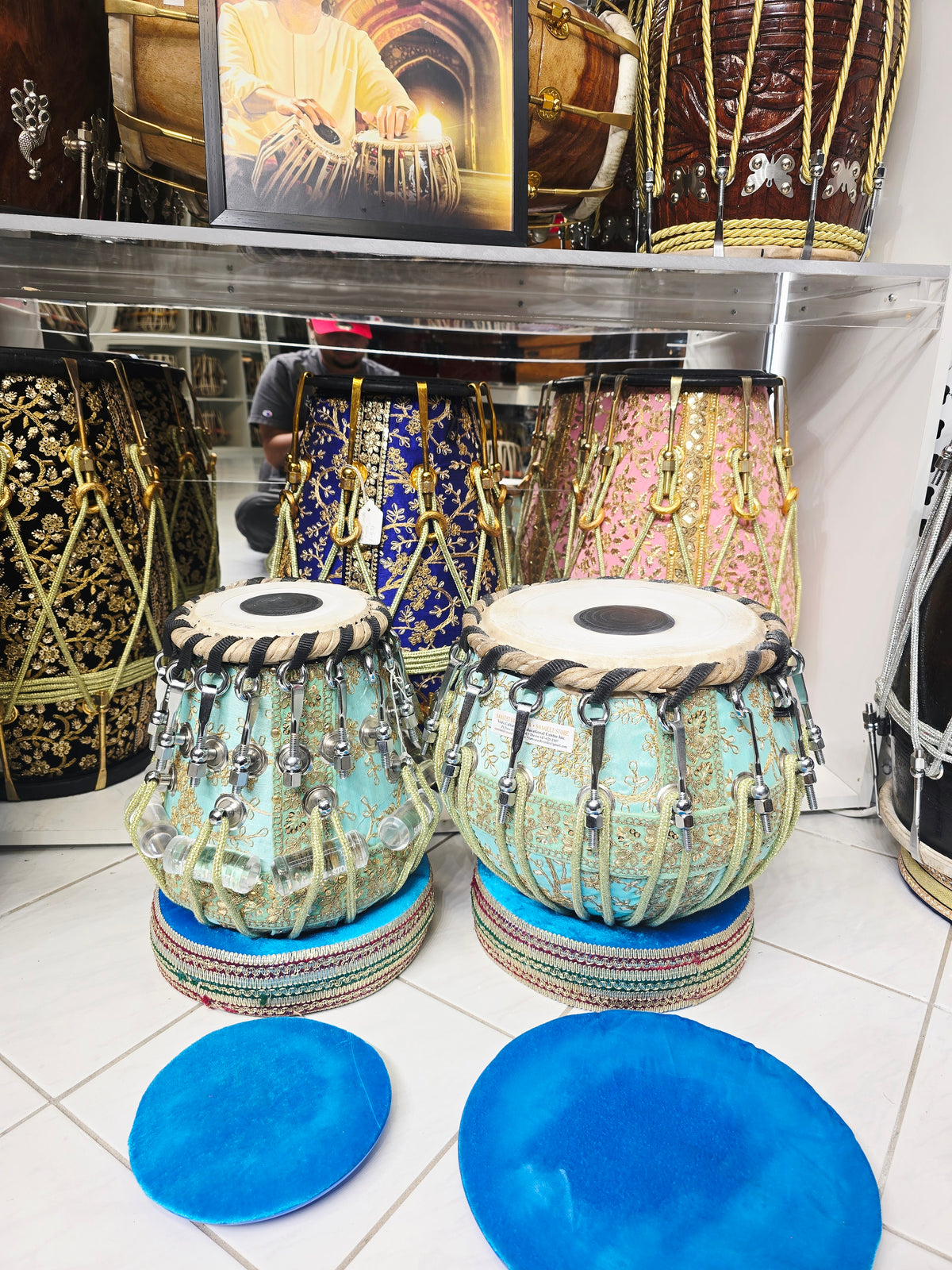 Indraneel Imperial 5⅝" D#/E Red Sheesham Dayan & 9.25" Copper Bayan Teal Sherwani Bolted Tabla Set – Exceptional Studio Recording Tone