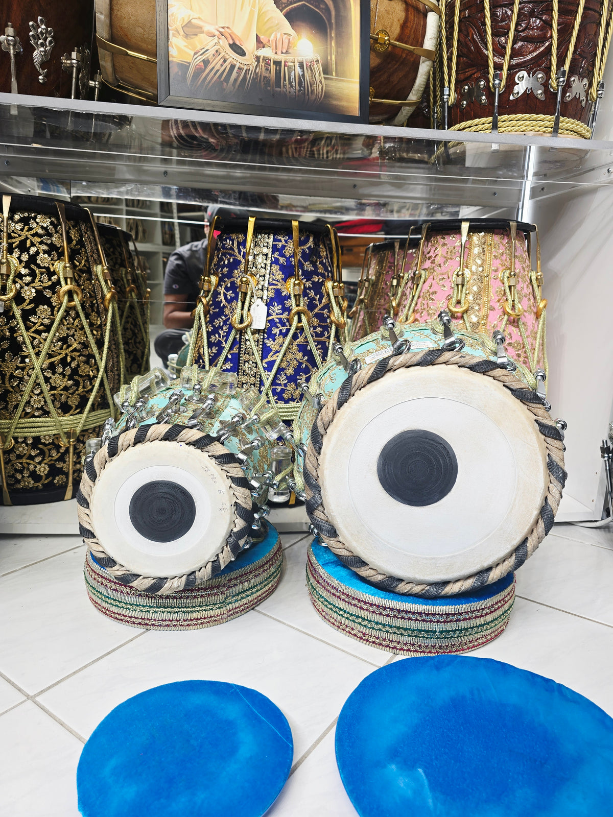 Indraneel Imperial 5⅝" D#/E Red Sheesham Dayan & 9.25" Copper Bayan Teal Sherwani Bolted Tabla Set – Exceptional Studio Recording Tone