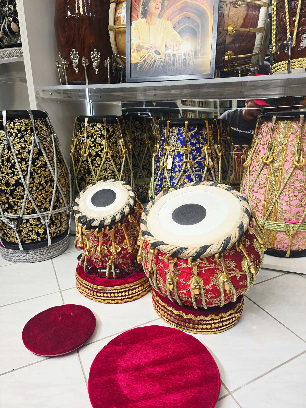 Rakta Darbar Imperial: 5.25" F/F# Red Sheesham Dayan & 9.25" Copper Bayan Red Sherwani Bolted Tabla Set – Exceptional Bayan Tone