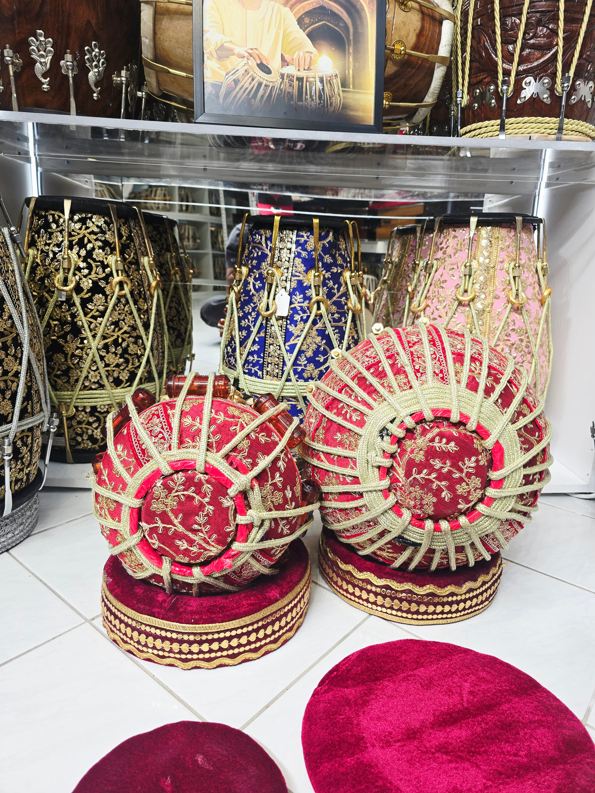 Rakta Darbar Imperial: 5.25" F/F# Red Sheesham Dayan & 9.25" Copper Bayan Red Sherwani Bolted Tabla Set – Exceptional Bayan Tone