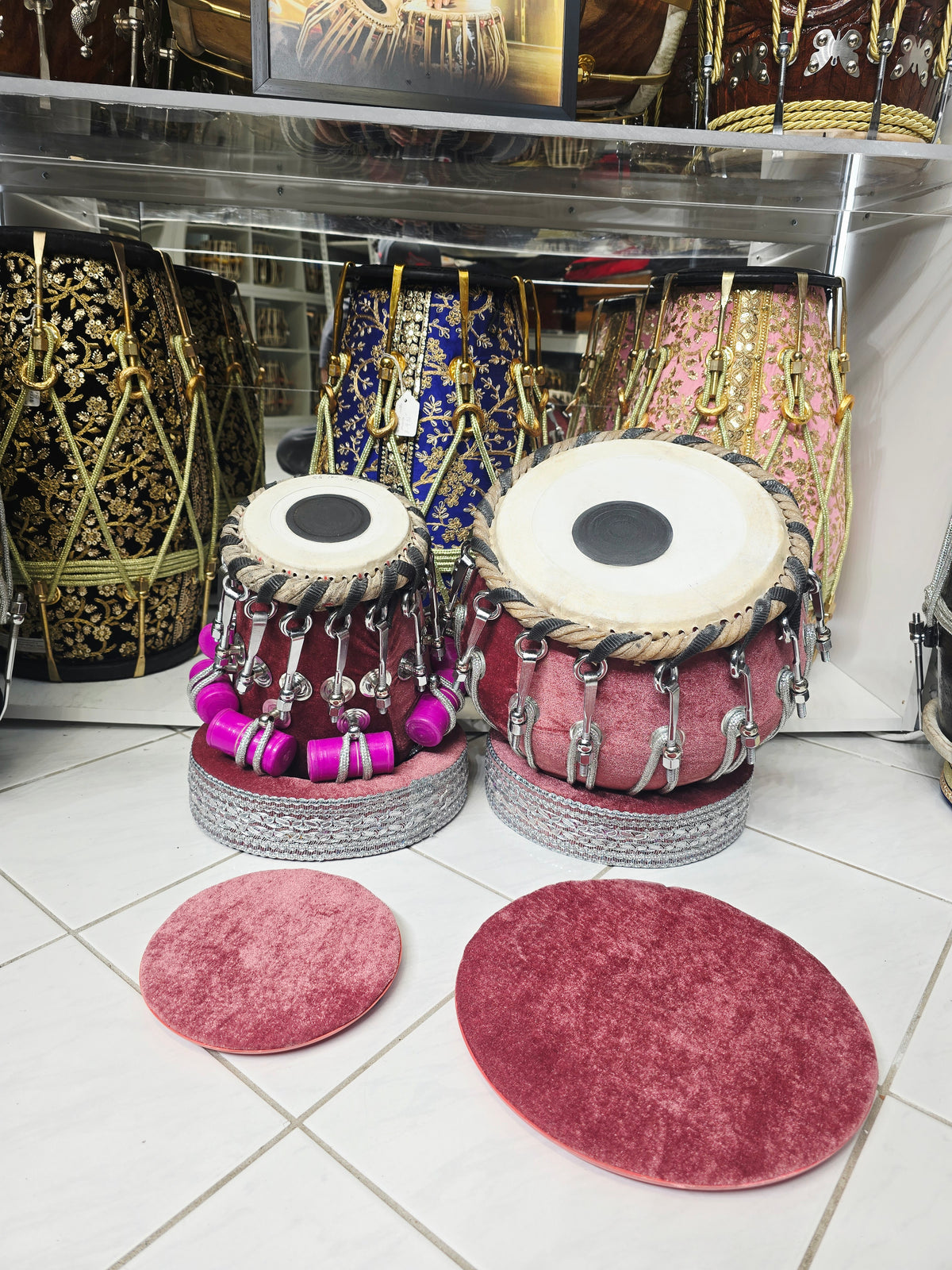 Surkh Mahal Royale 5.25" D#/E Red Sheesham Dayan & 9.25" Copper Bayan Rosewood Velvet Bolted Tabla Set – Exceptional Tone