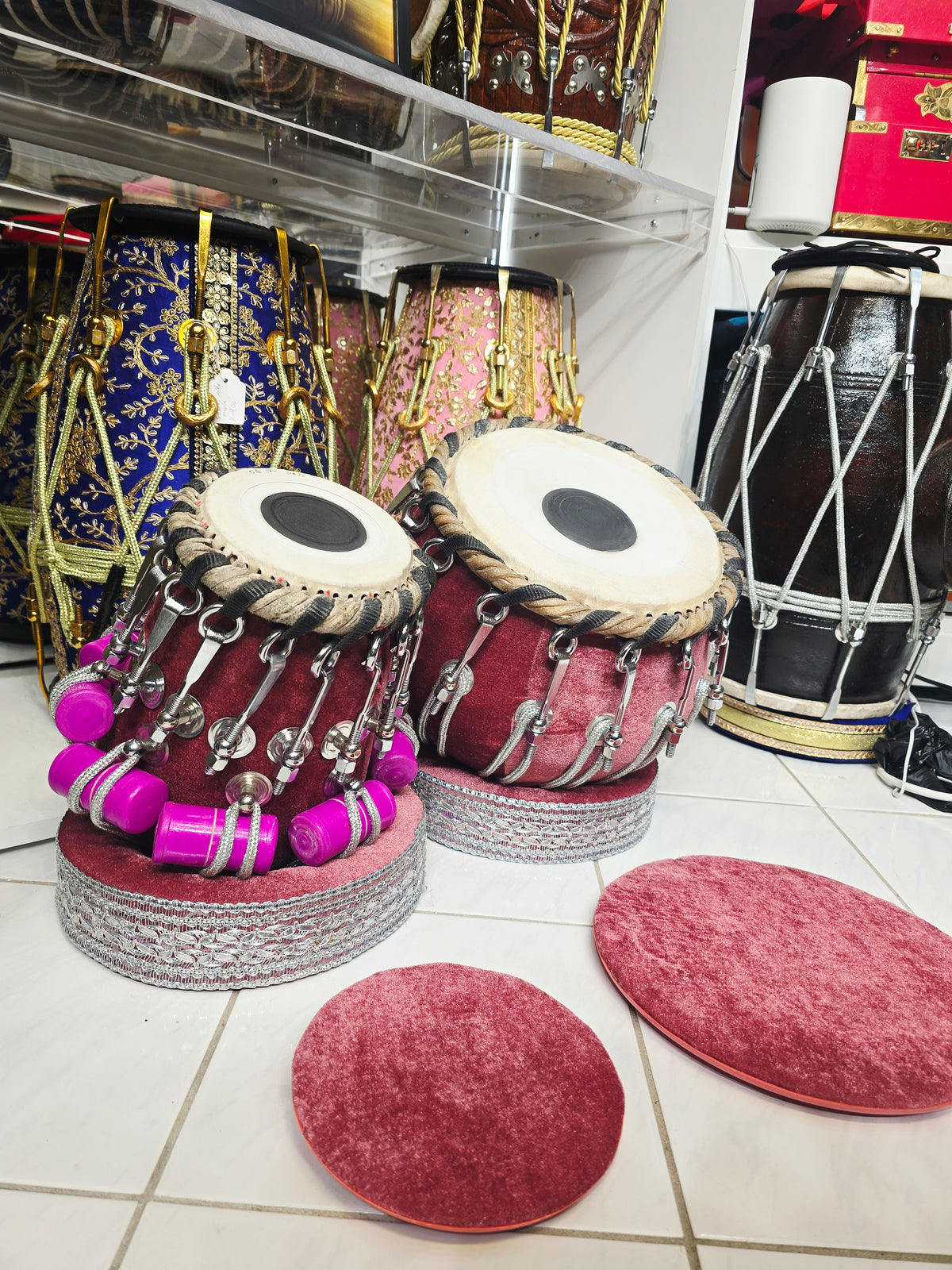 Surkh Mahal Royale 5.25" D#/E Red Sheesham Dayan & 9.25" Copper Bayan Rosewood Velvet Bolted Tabla Set – Exceptional Tone