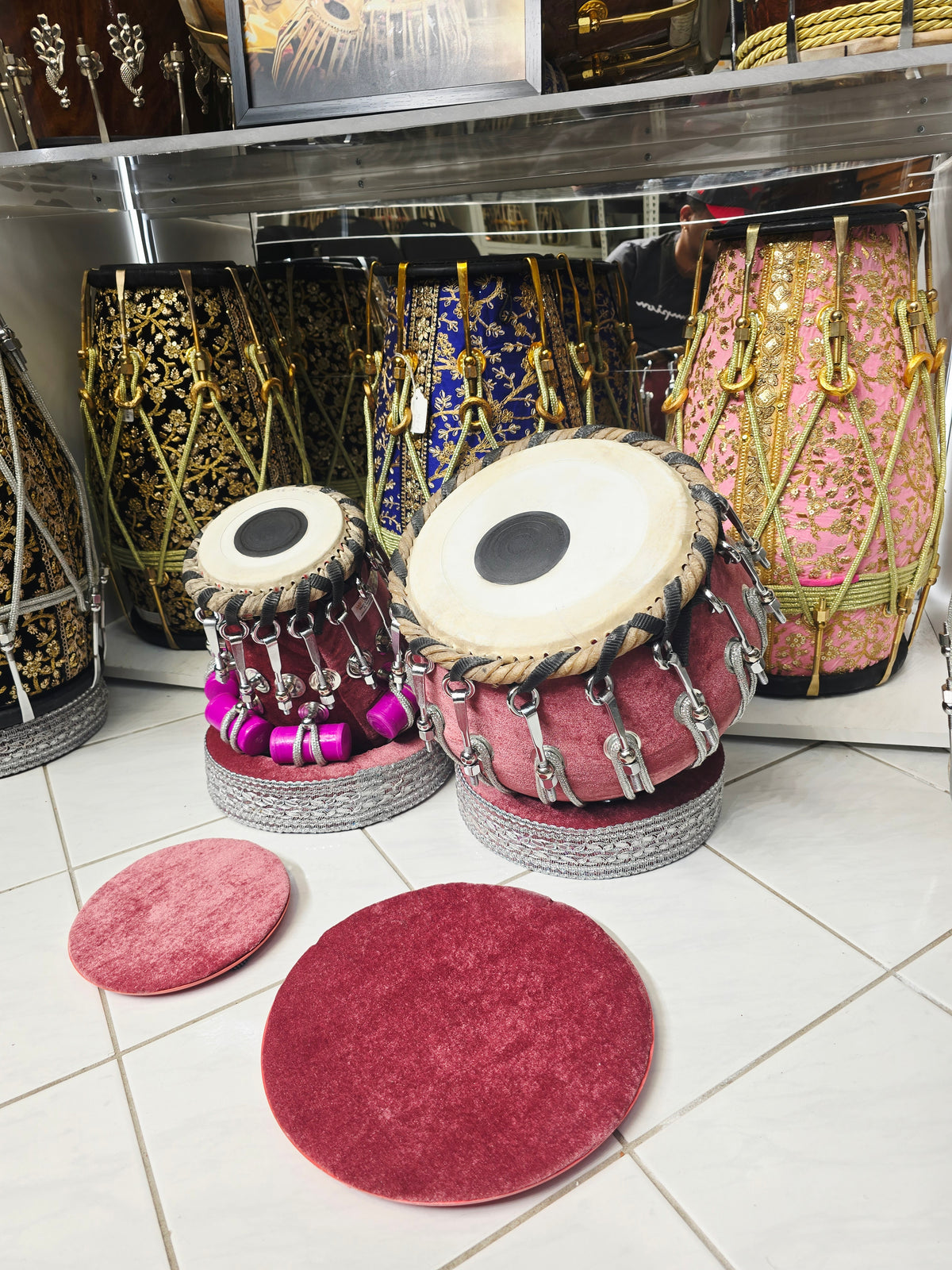 Surkh Mahal Royale 5.25" D#/E Red Sheesham Dayan & 9.25" Copper Bayan Rosewood Velvet Bolted Tabla Set – Exceptional Tone