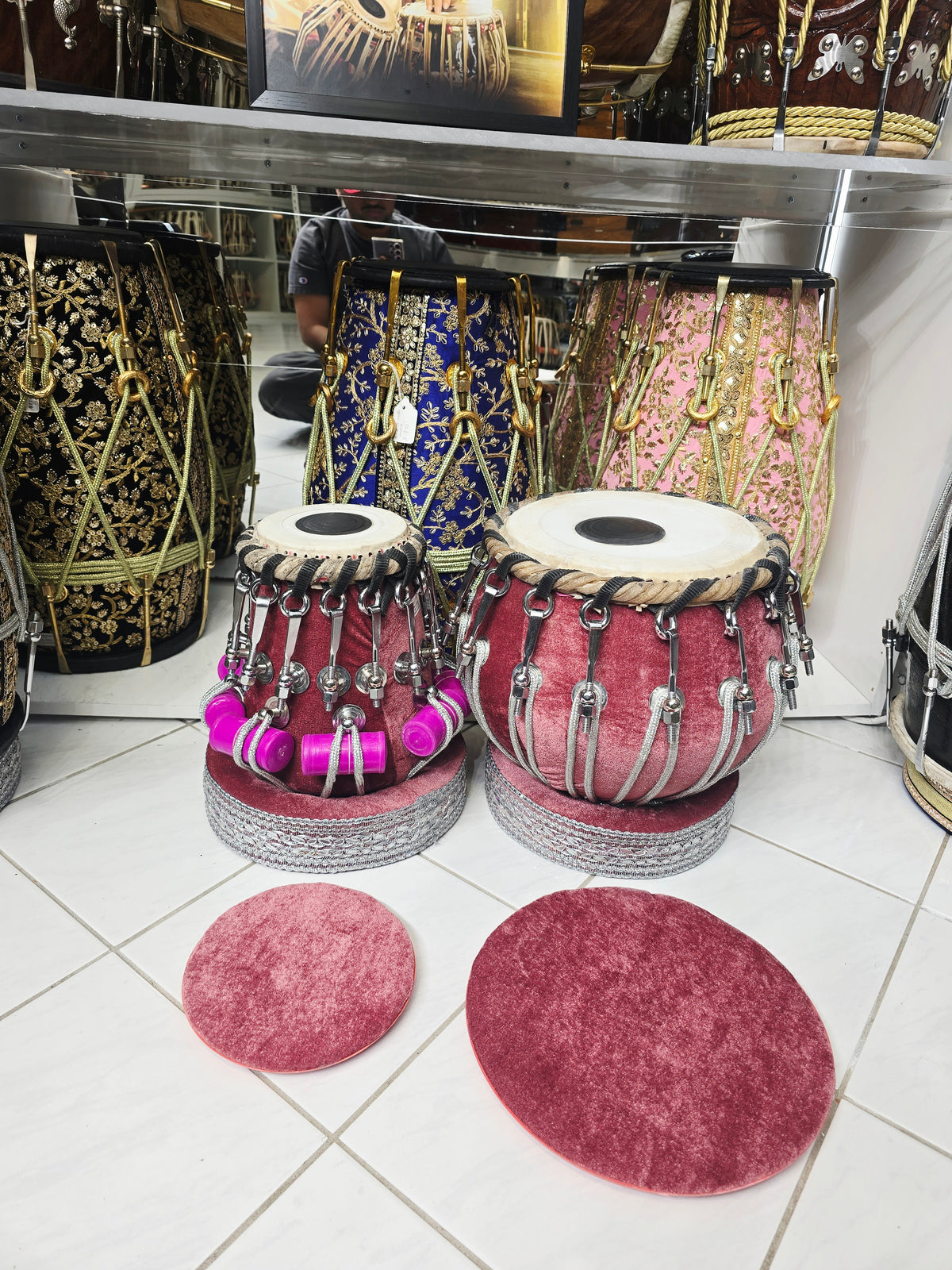Surkh Mahal Royale 5.25" D#/E Red Sheesham Dayan & 9.25" Copper Bayan Rosewood Velvet Bolted Tabla Set – Exceptional Tone