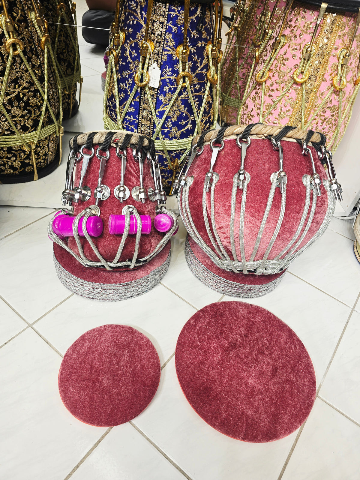 Surkh Mahal Royale 5.25" D#/E Red Sheesham Dayan & 9.25" Copper Bayan Rosewood Velvet Bolted Tabla Set – Exceptional Tone