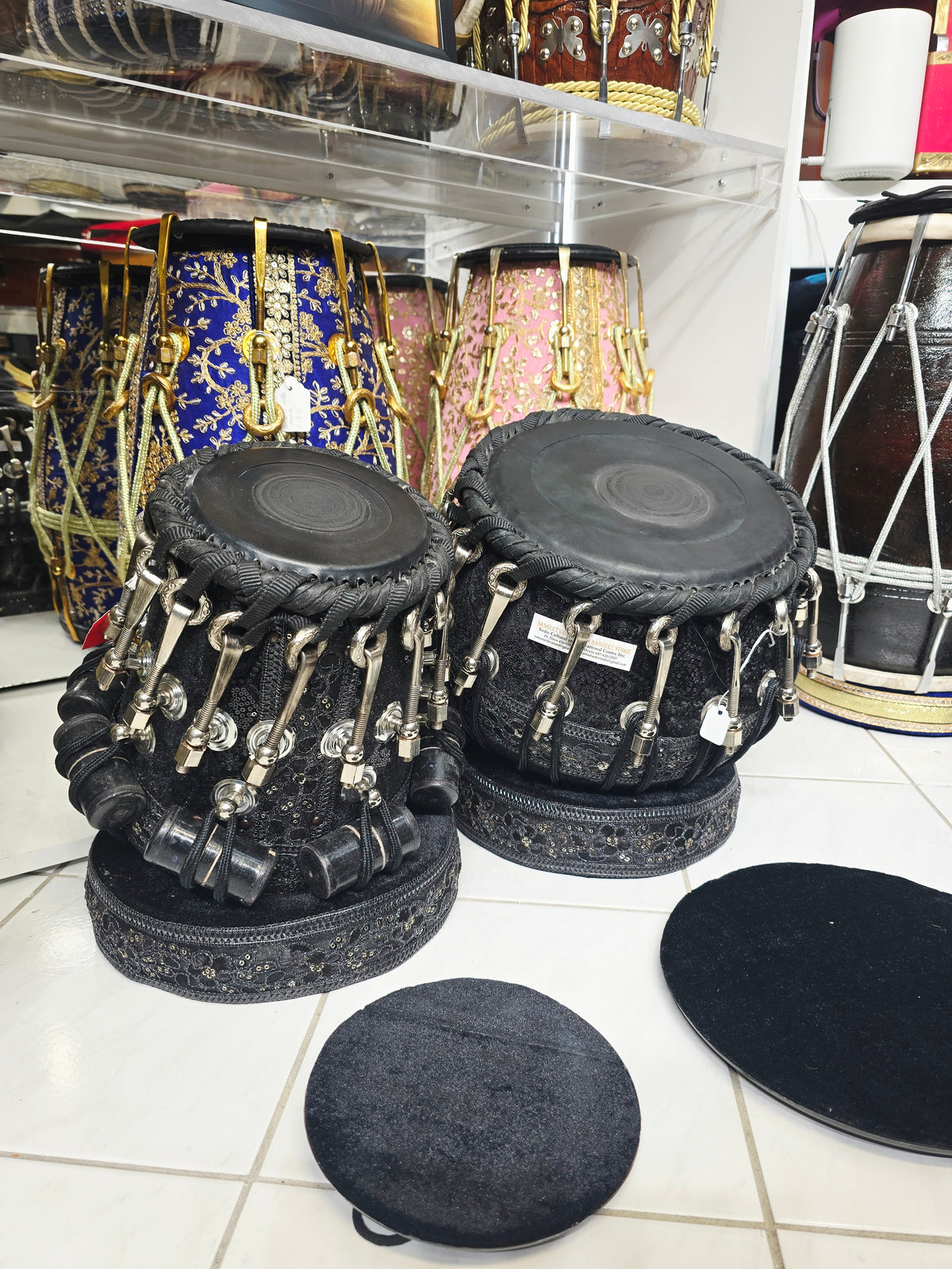 Midnight Darbar Obsidian 5.5" D#/E Red Sheesham Dayan & 9.25" Copper Bayan Black Sherwani Wrapped Tabla Set with Black-on-Black Skins, Silver Brass Bolts