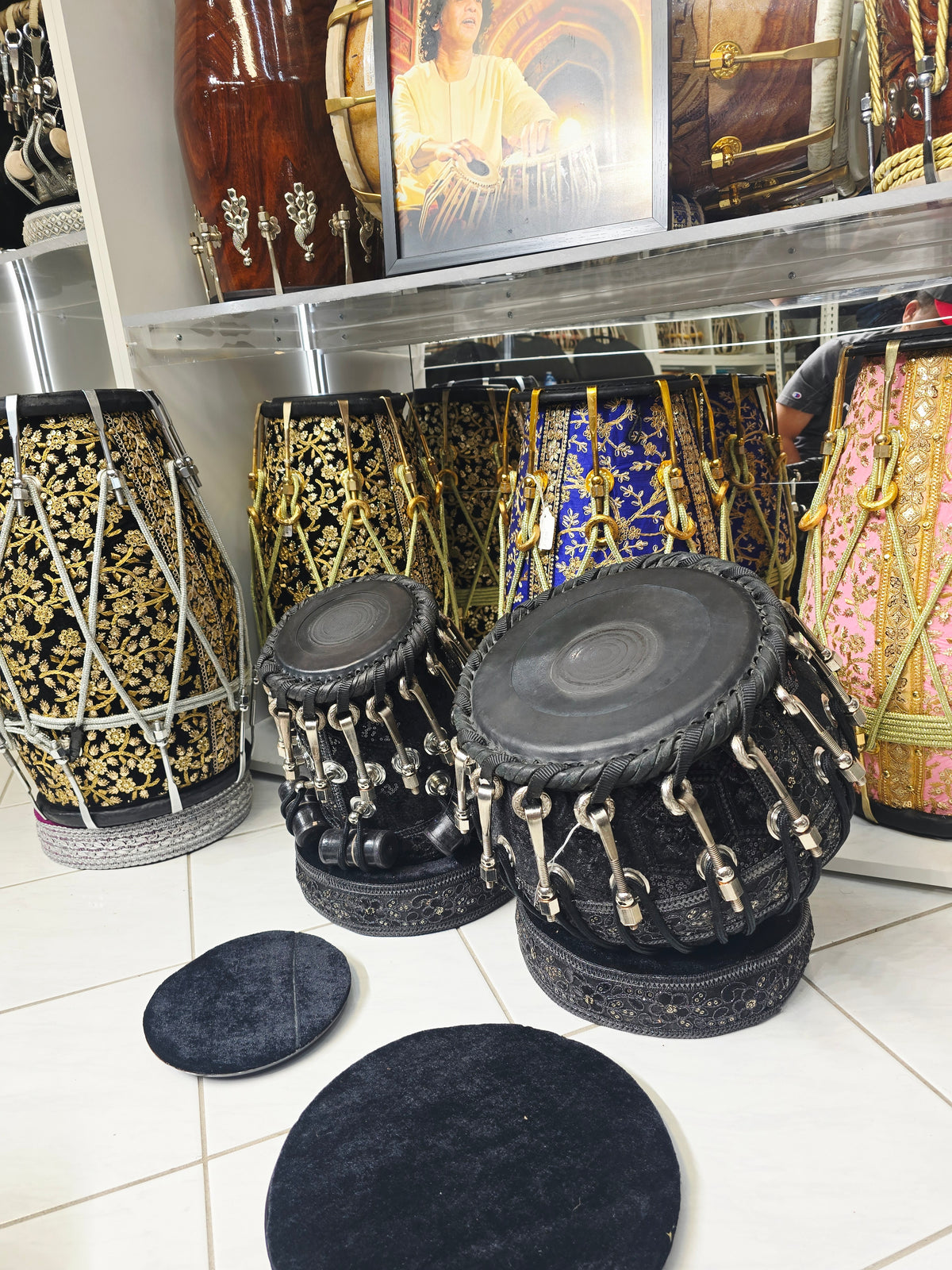 Midnight Darbar Obsidian 5.5" D#/E Red Sheesham Dayan & 9.25" Copper Bayan Black Sherwani Wrapped Tabla Set with Black-on-Black Skins, Silver Brass Bolts
