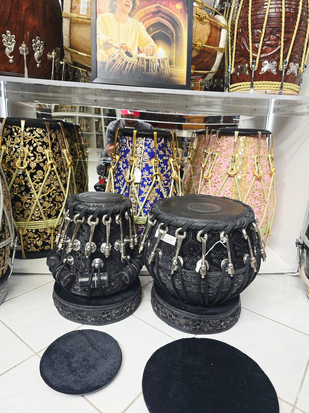 Midnight Darbar Obsidian 5.5" D#/E Red Sheesham Dayan & 9.25" Copper Bayan Black Sherwani Wrapped Tabla Set with Black-on-Black Skins, Silver Brass Bolts