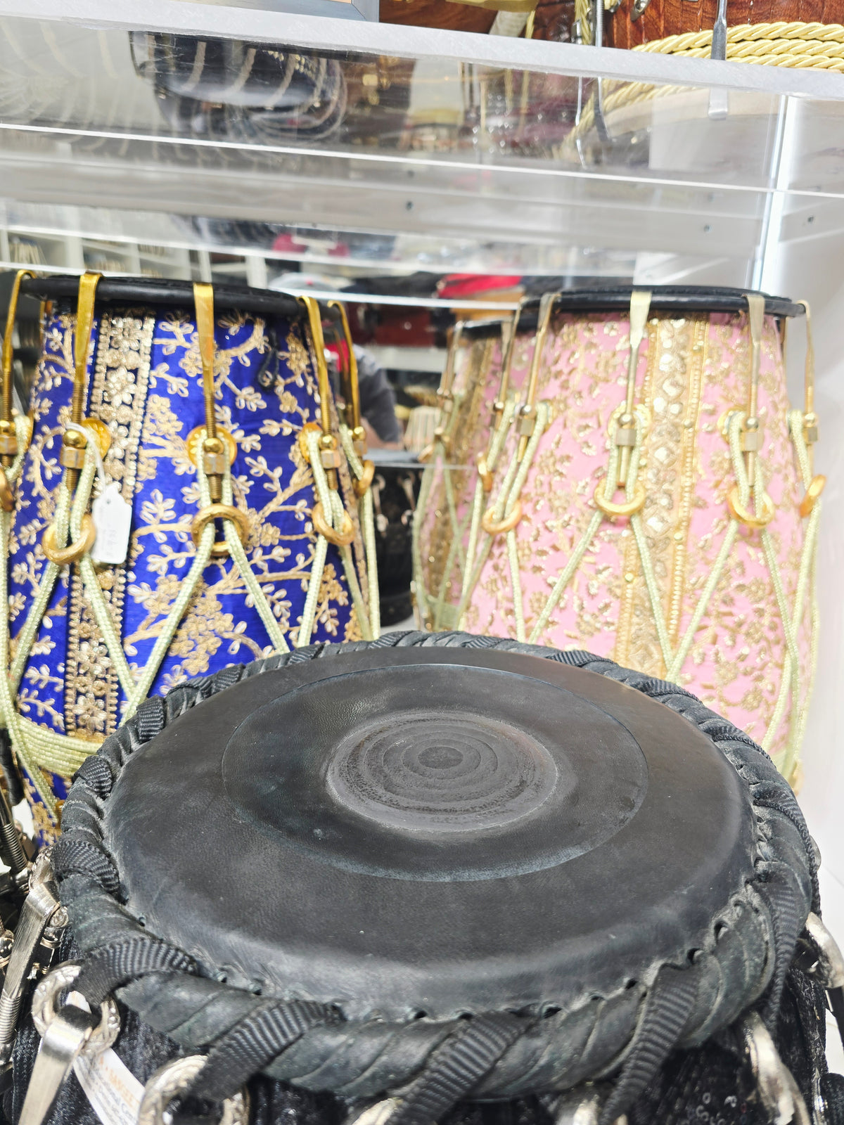 Midnight Darbar Obsidian 5.5" D#/E Red Sheesham Dayan & 9.25" Copper Bayan Black Sherwani Wrapped Tabla Set with Black-on-Black Skins, Silver Brass Bolts