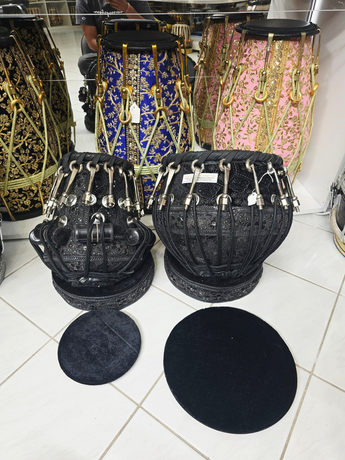Midnight Darbar Obsidian 5.5" D#/E Red Sheesham Dayan & 9.25" Copper Bayan Black Sherwani Wrapped Tabla Set with Black-on-Black Skins, Silver Brass Bolts