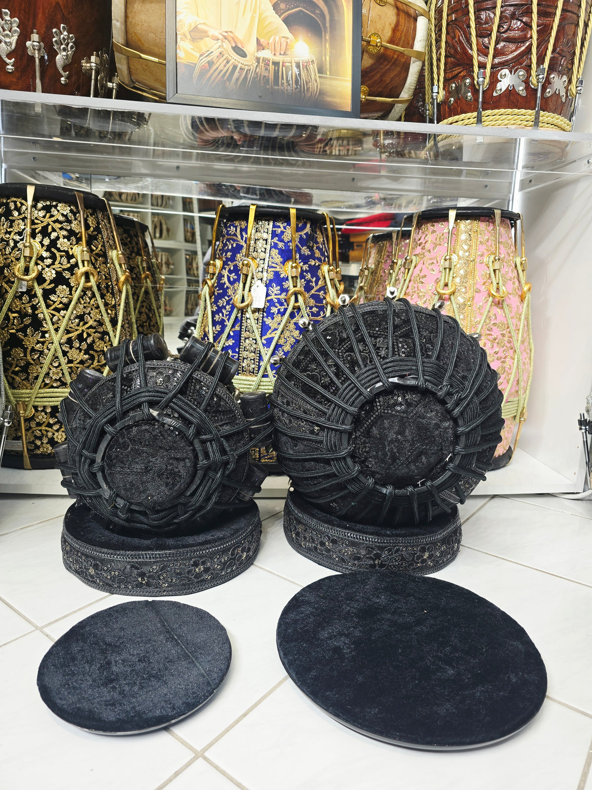 Midnight Darbar Obsidian 5.5" D#/E Red Sheesham Dayan & 9.25" Copper Bayan Black Sherwani Wrapped Tabla Set with Black-on-Black Skins, Silver Brass Bolts