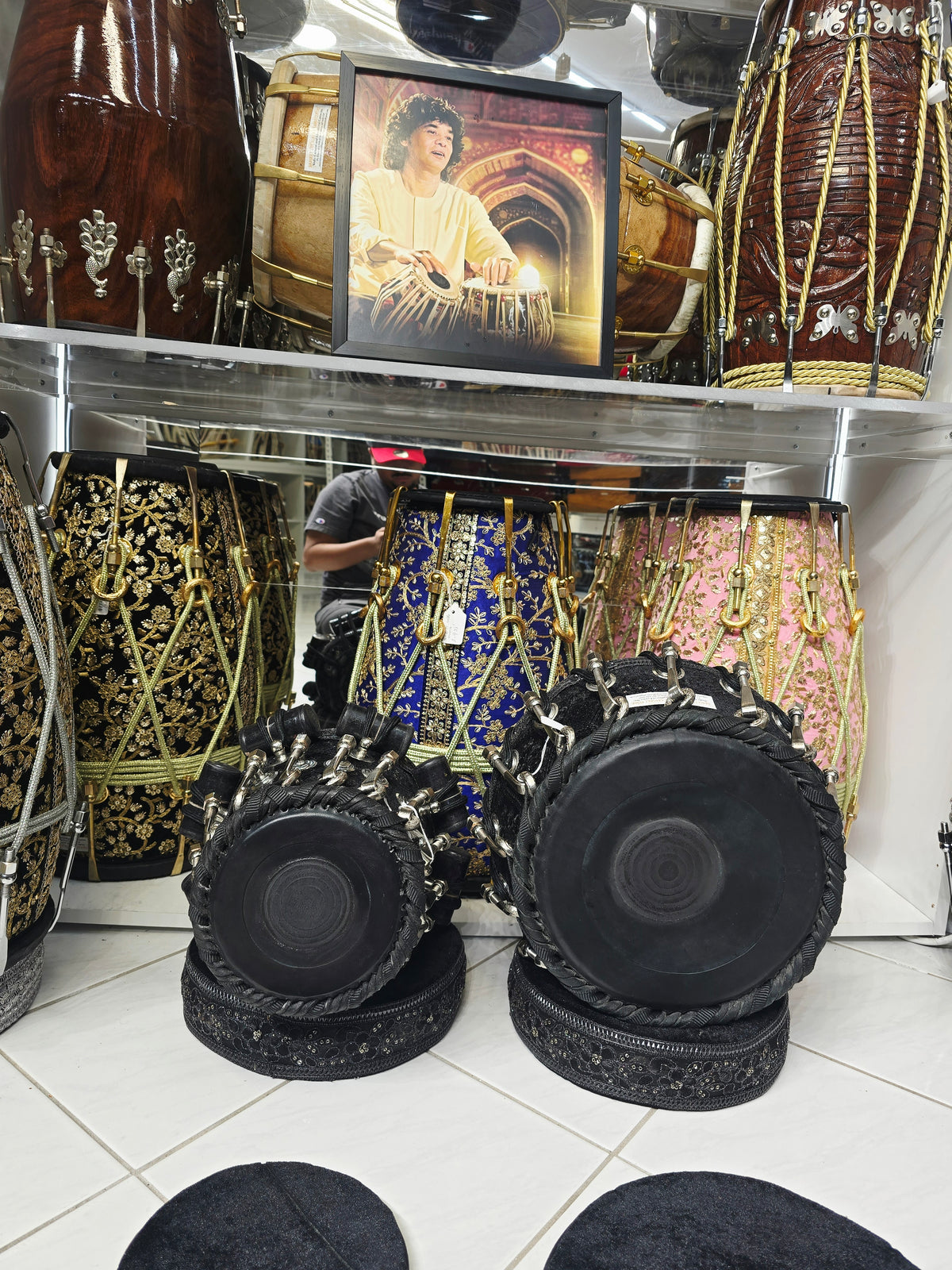 Midnight Darbar Obsidian 5.5" D#/E Red Sheesham Dayan & 9.25" Copper Bayan Black Sherwani Wrapped Tabla Set with Black-on-Black Skins, Silver Brass Bolts