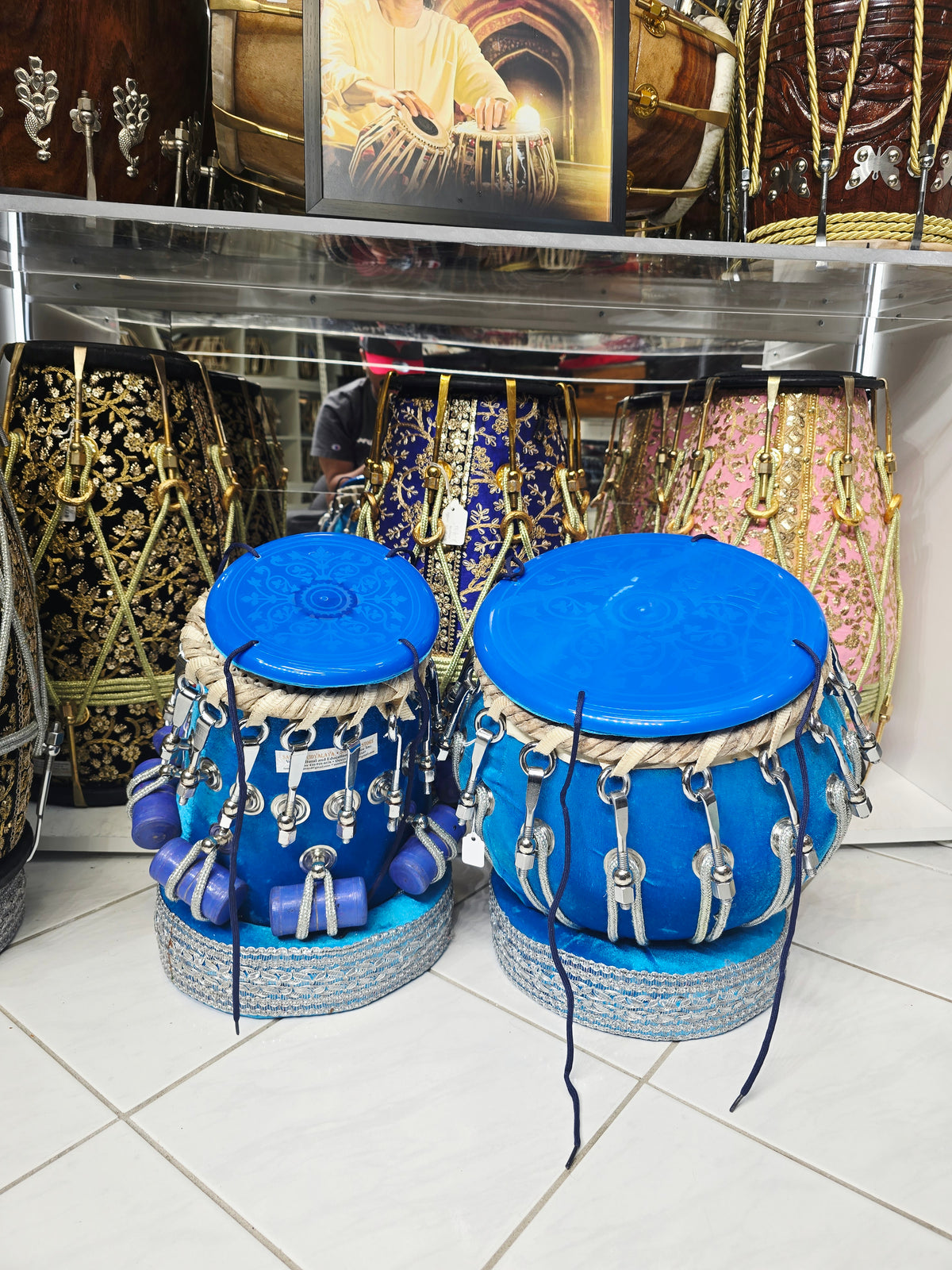 Neelambara Imperial 5⅝" D#/E Red Sheesham Dayan & 9" Brass Bayan Aqua Blue Velvet Wrapped Bolted Tabla Set with Silver Brass Bolts – Exceptional Tone