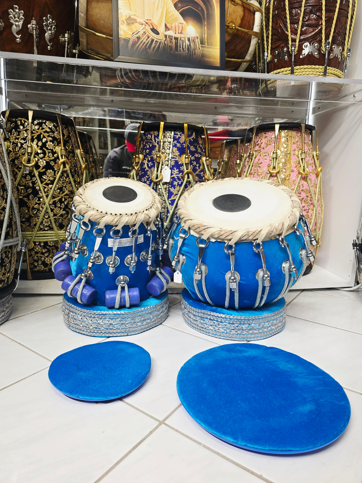 Neelambara Imperial 5⅝" D#/E Red Sheesham Dayan & 9" Brass Bayan Aqua Blue Velvet Wrapped Bolted Tabla Set with Silver Brass Bolts – Exceptional Tone